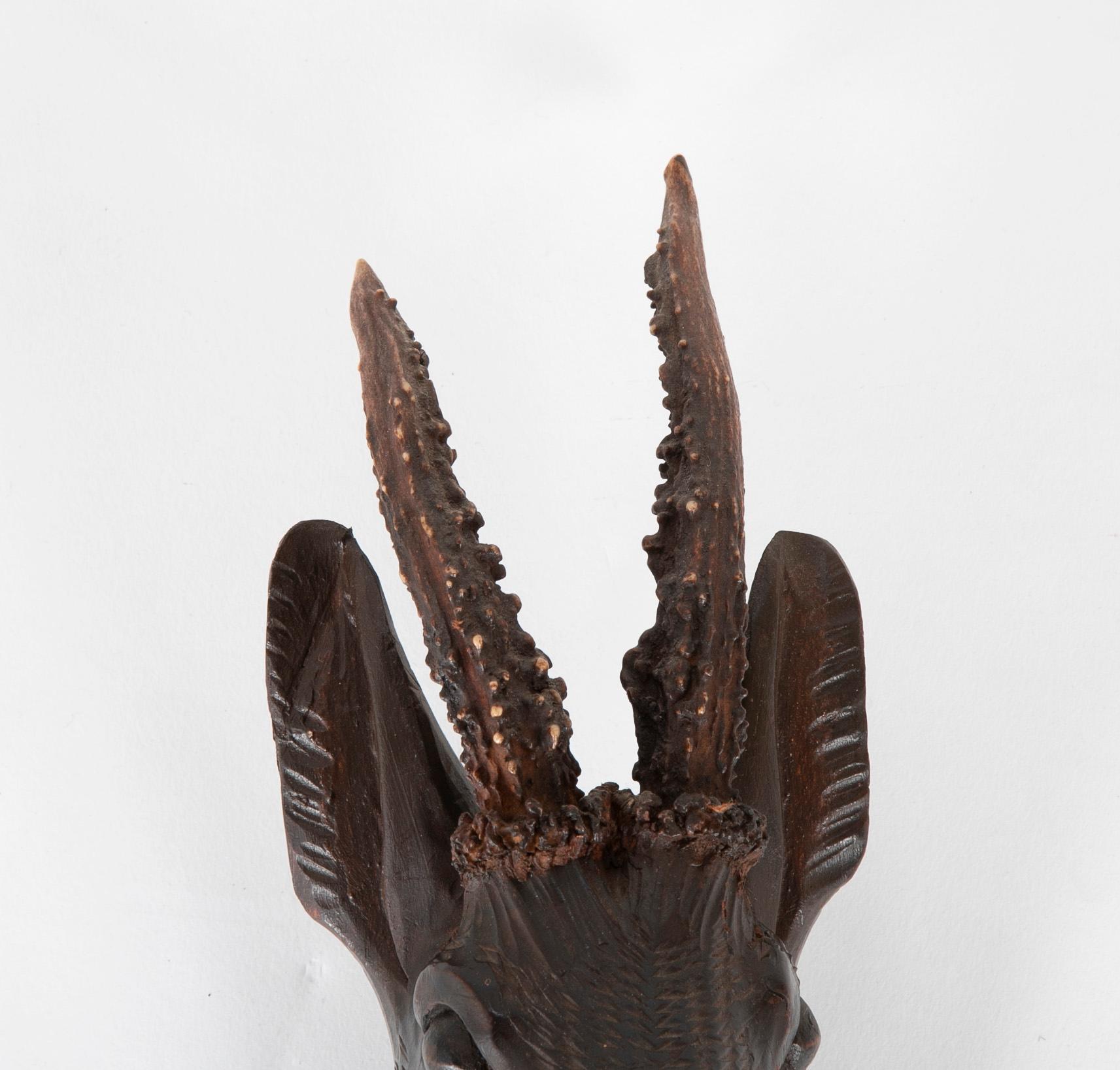 Walnut Black Forest Carved Wood Stag Head Trophy with Antlers