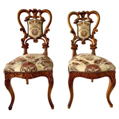 Black Forest Carved Wood w Original Fabric Side Chairs, Pair