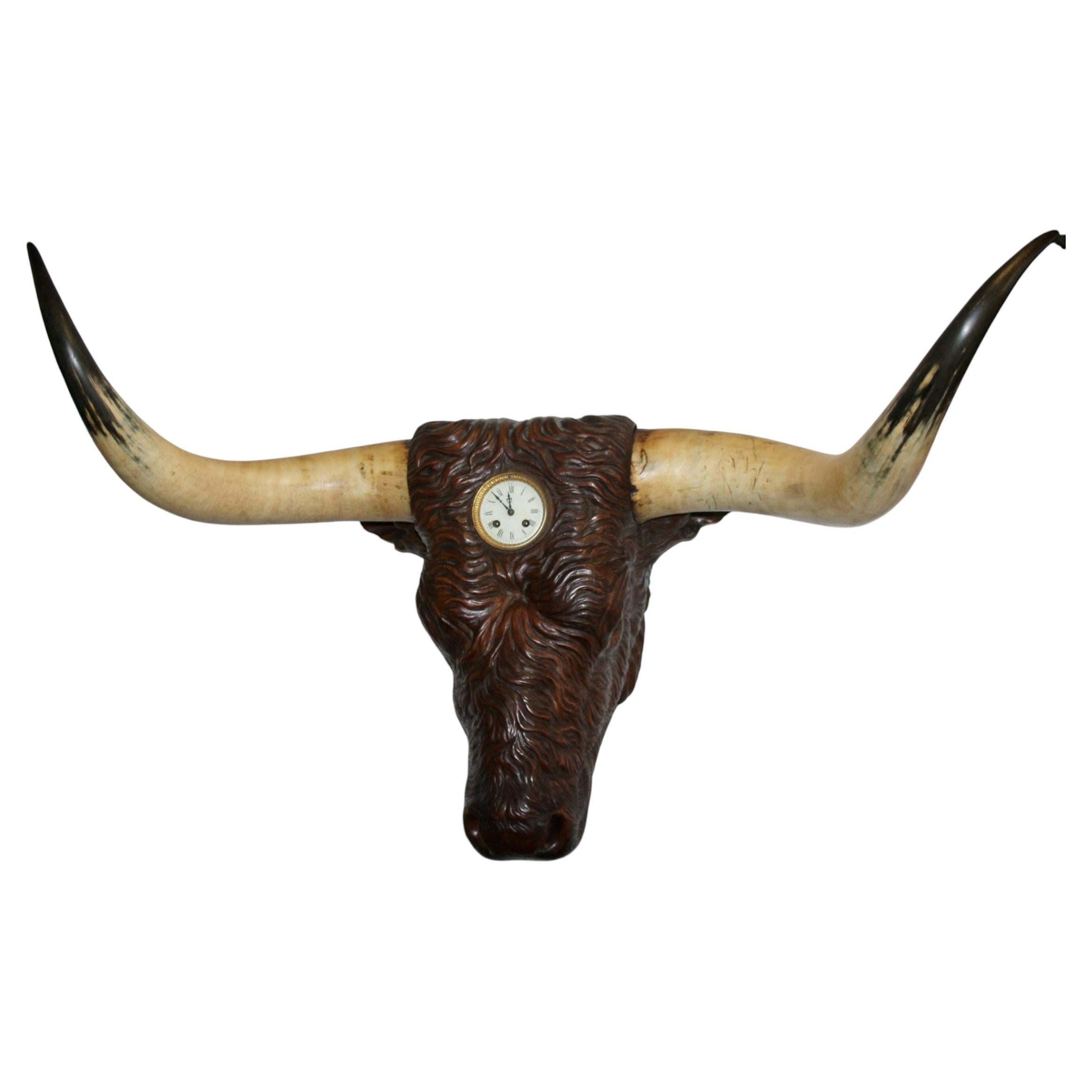 Black Forest carved wooden bull's head with horns