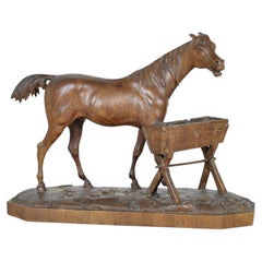 Black Forest Carved Wooden Horse Standing Before a Trough, 19th Century
