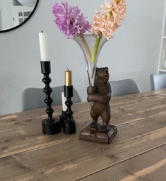 Black Forest Carved Wooden Standing Bear with an Engraved Glass Vase or Flute