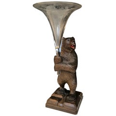 Black Forest Carved Wooden Standing Bear with an Engraved Glass Vase or Flute