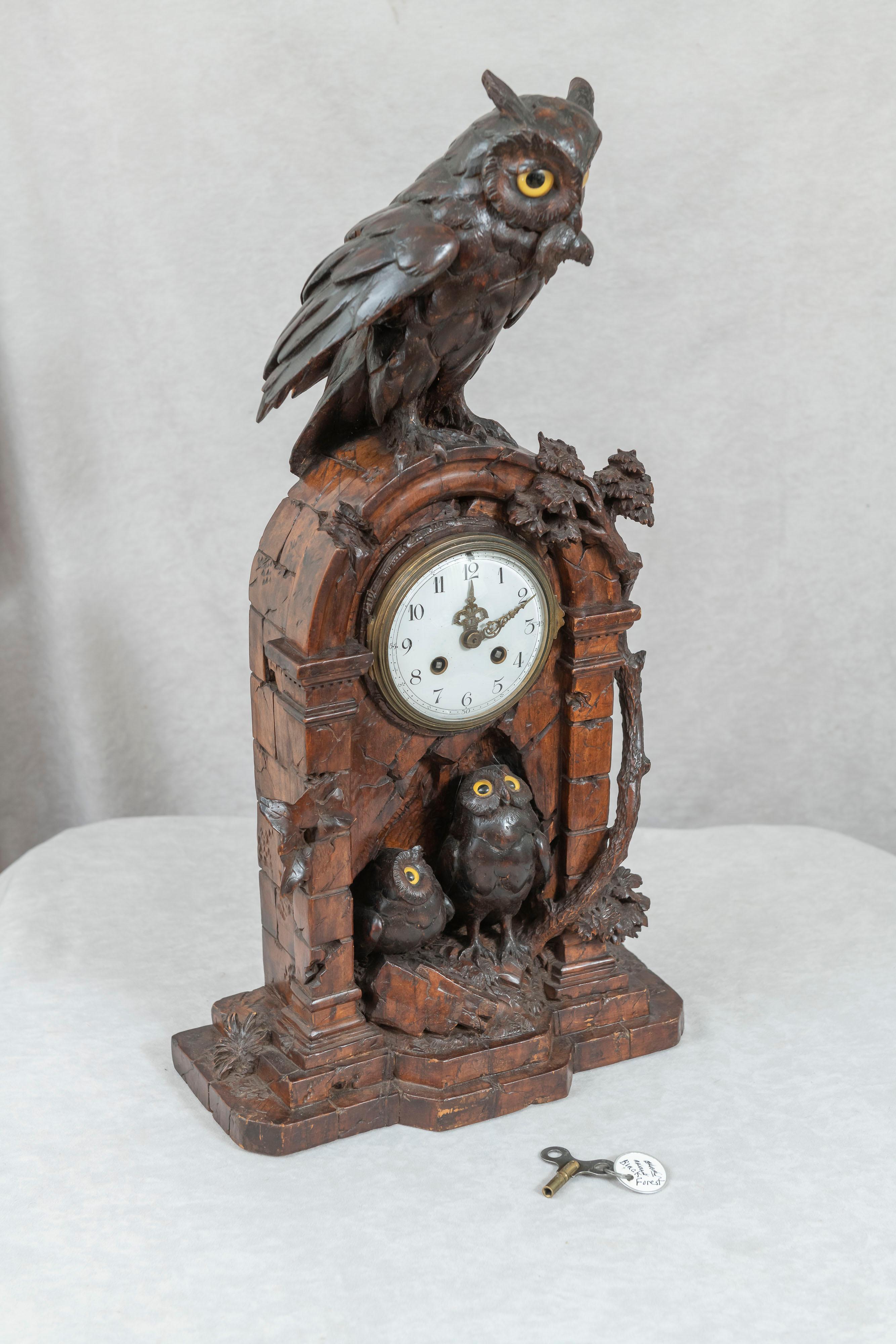 Brass Black Forest Clock with Owl Family