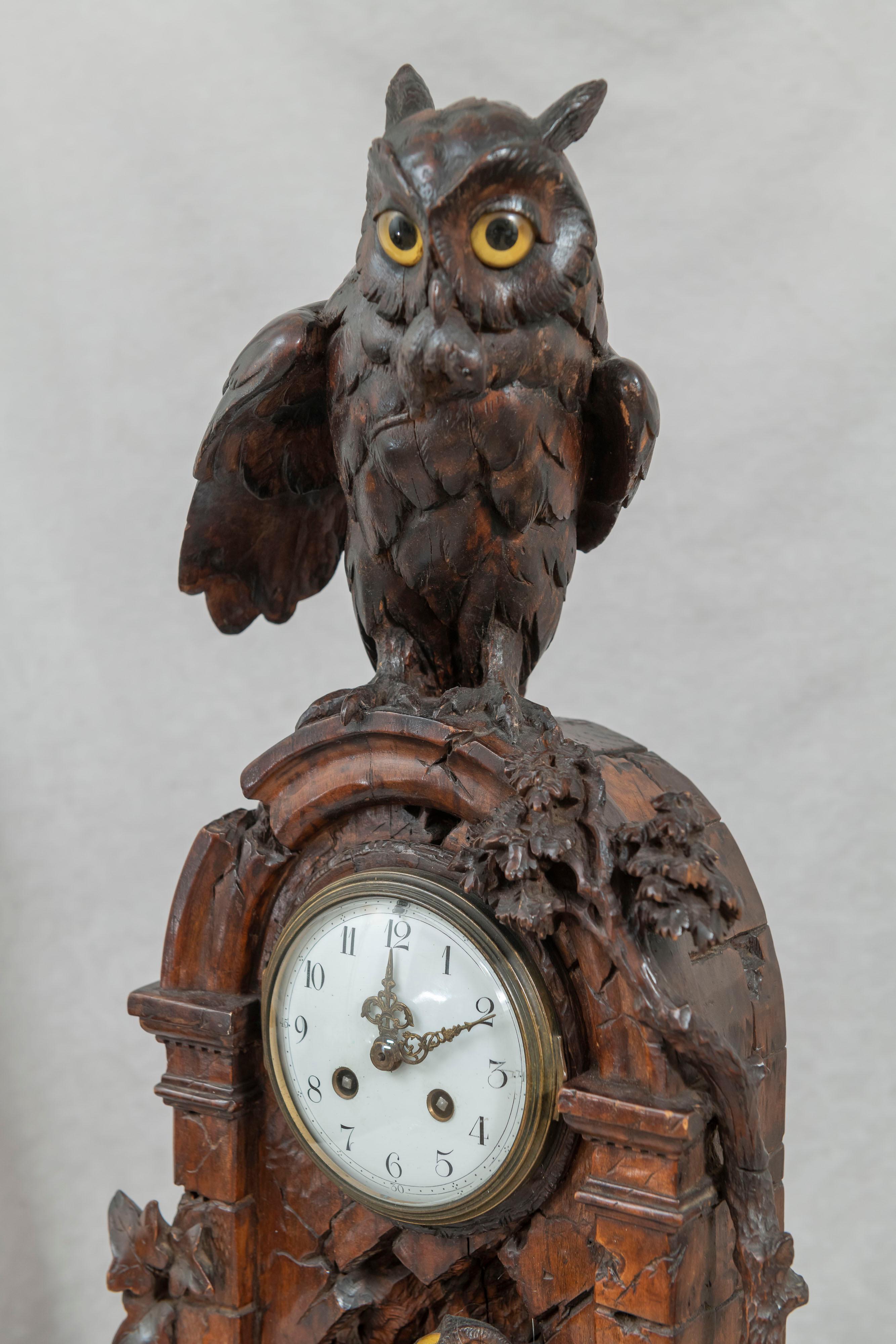 Swiss Black Forest Clock with Owl Family