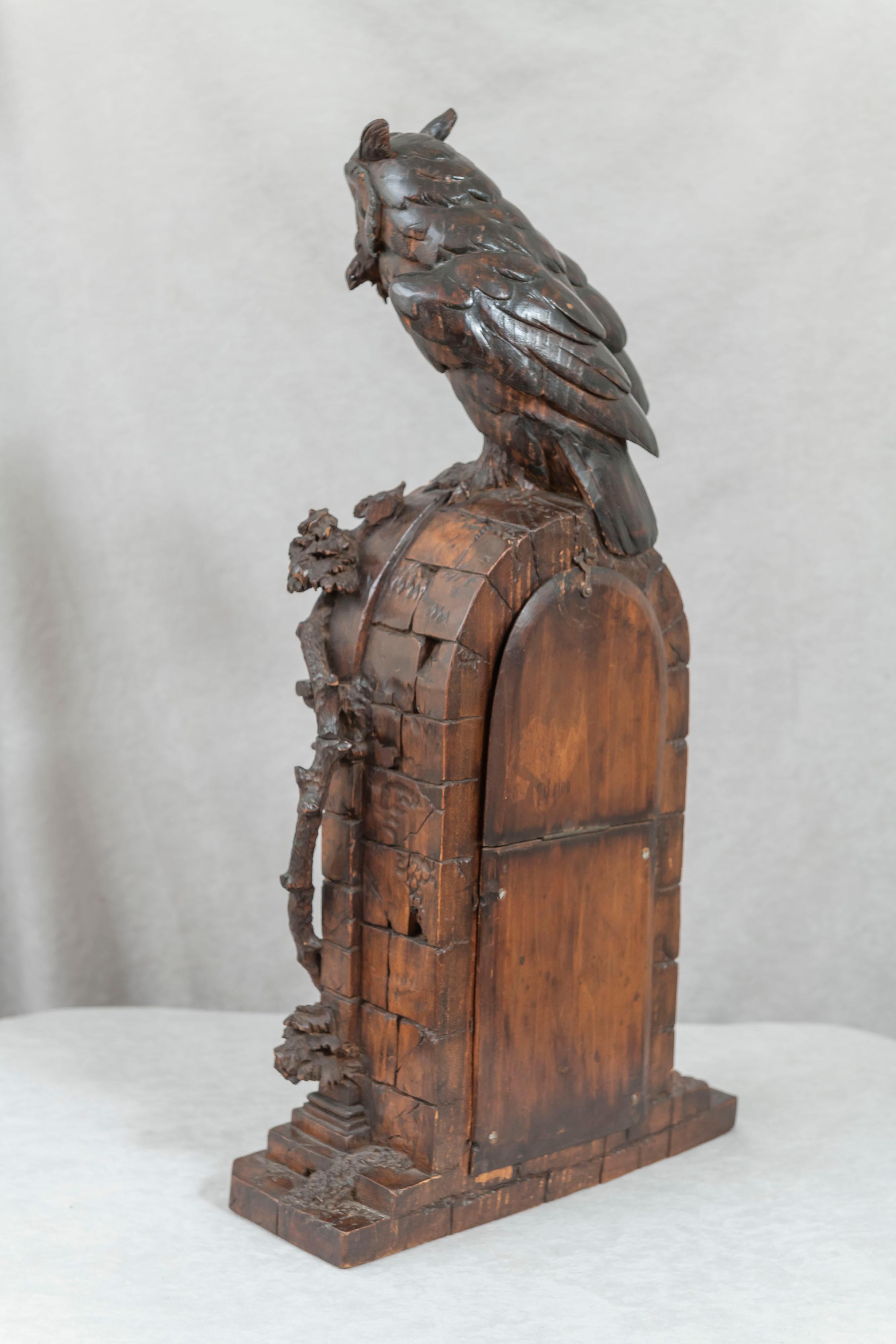 Hand-Carved Black Forest Clock with Owl Family