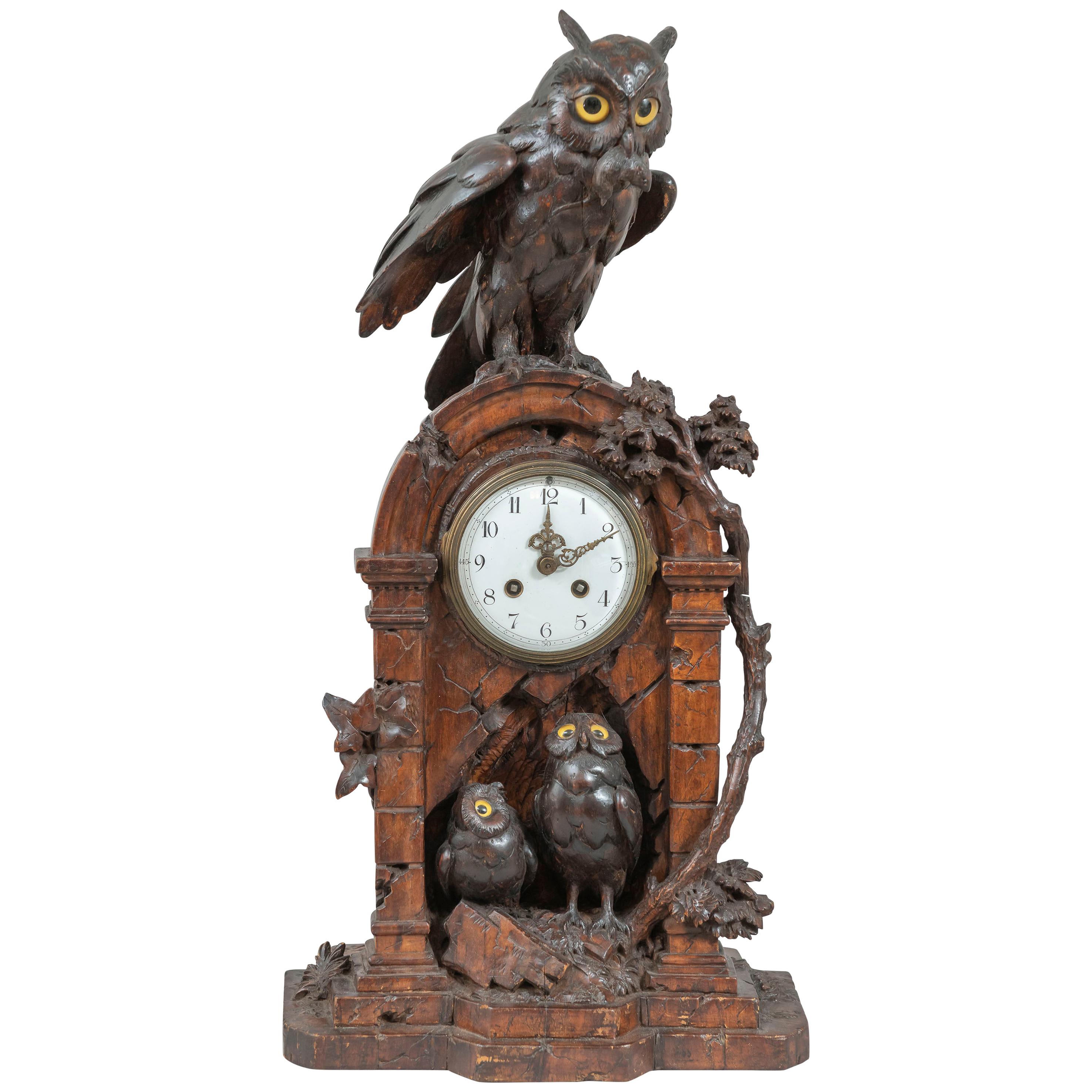 Black Forest Clock with Owl Family
