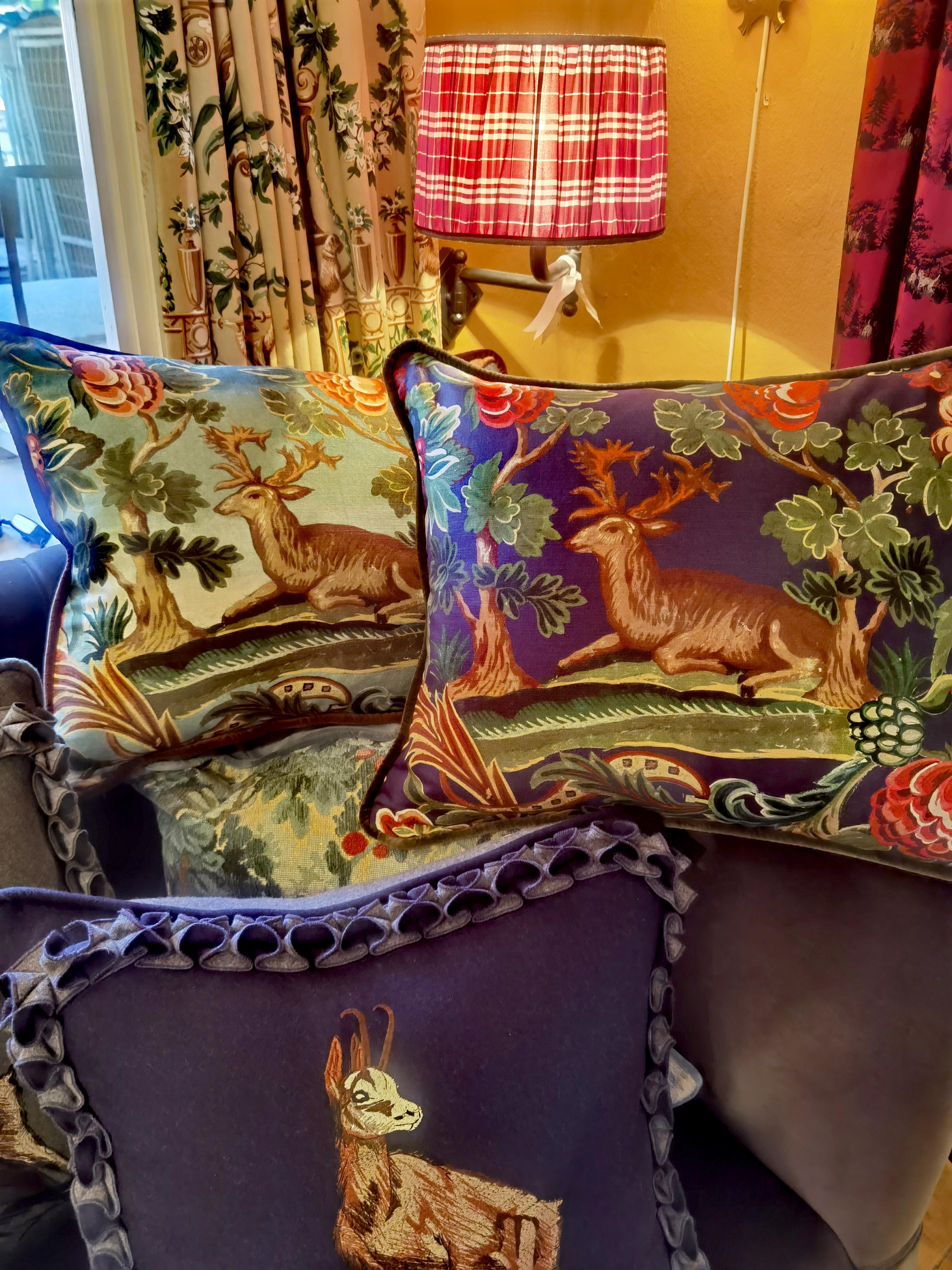 Hand-Crafted Black Forest Cushion Hunting Scene Sofina Boutique Kitzbühel For Sale