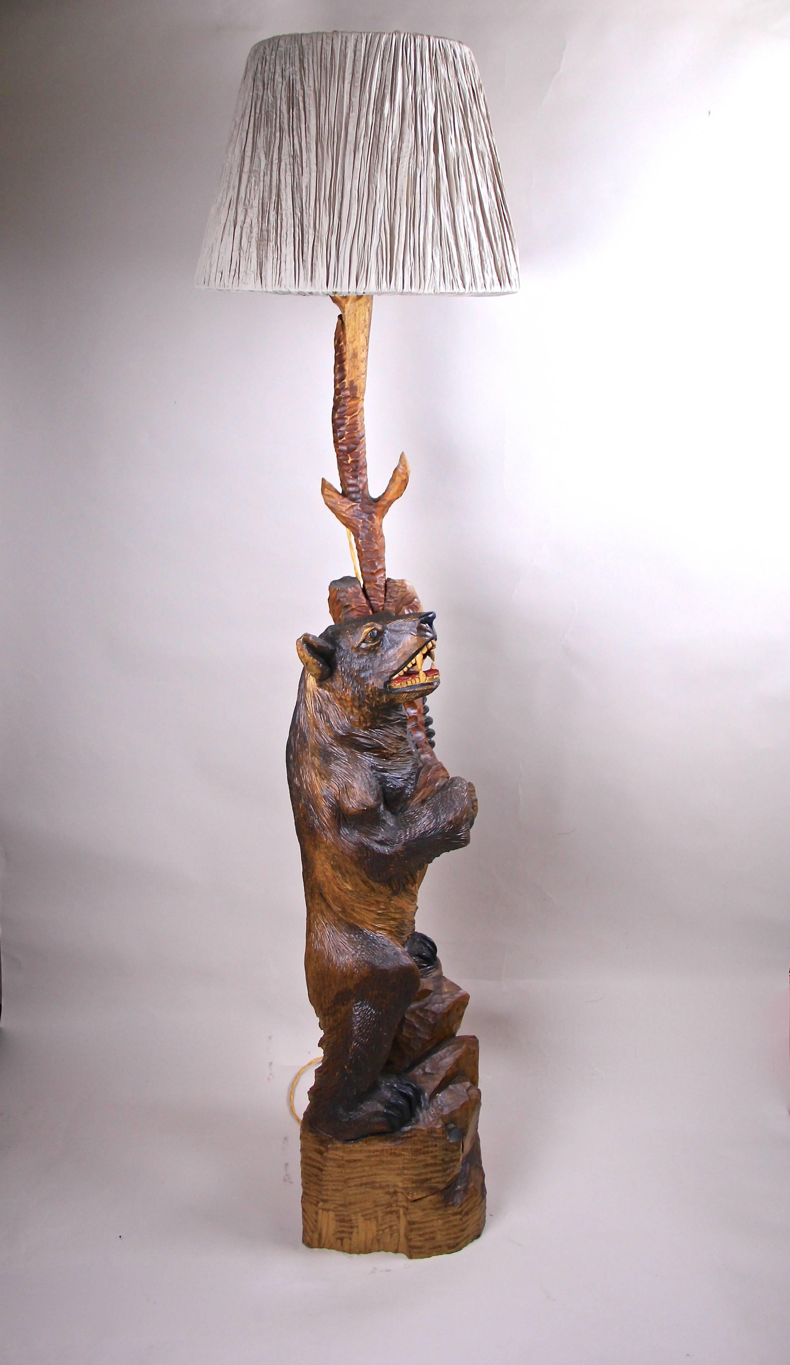 Softwood Black Forest Floor Lamp Hand-Carved, Germany, circa 1940