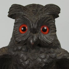 Black Forest Folk Art Carved Owl with Glass Eyes Signed Phi Sigma, 1927