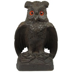 Antique Black Forest Folk Art Carved Owl with Glass Eyes Signed Phi Sigma, 1927