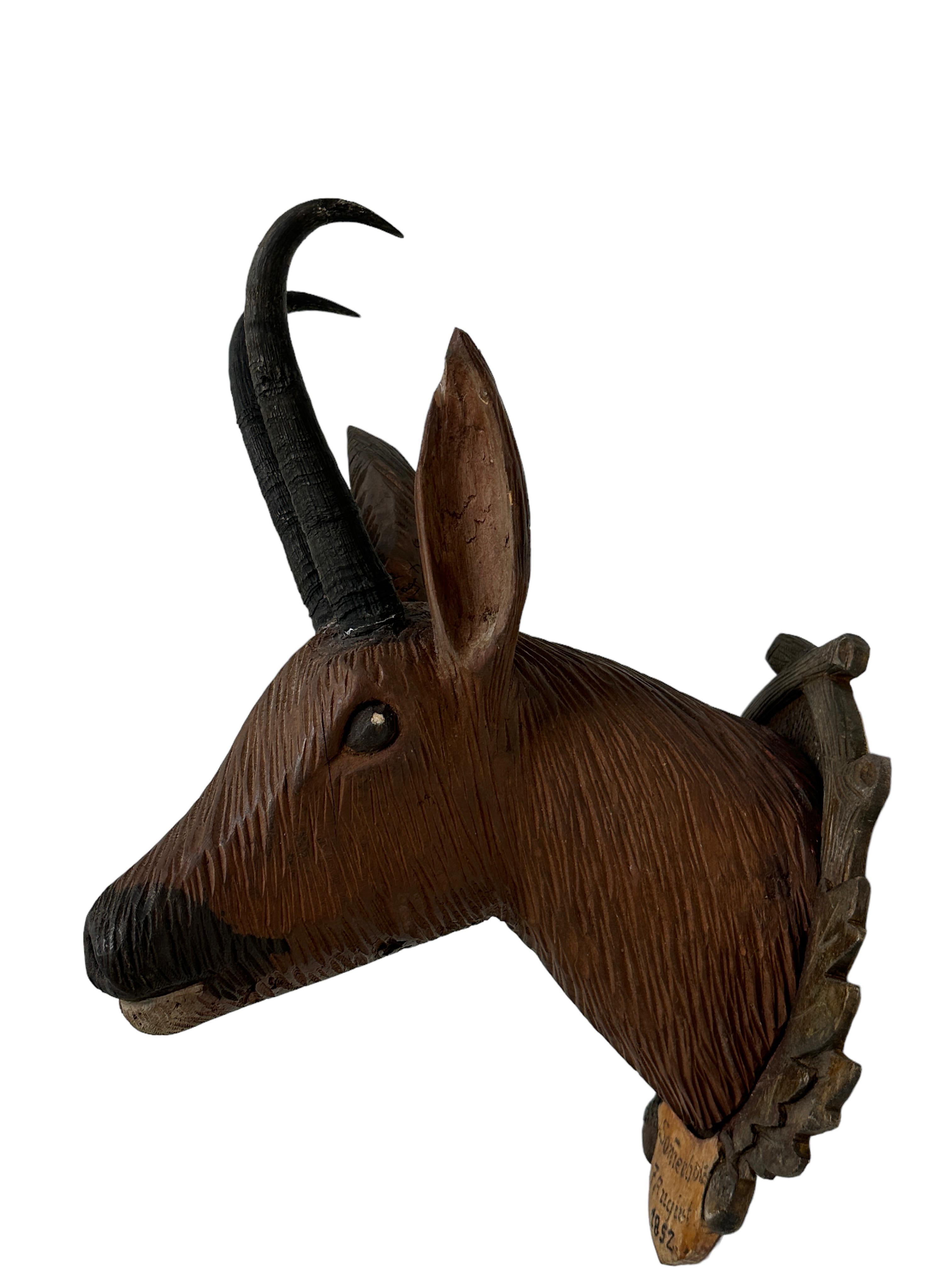 German Black Forest Folk Art Carved Wood Chamois Head with Real Horns, 19th Century For Sale