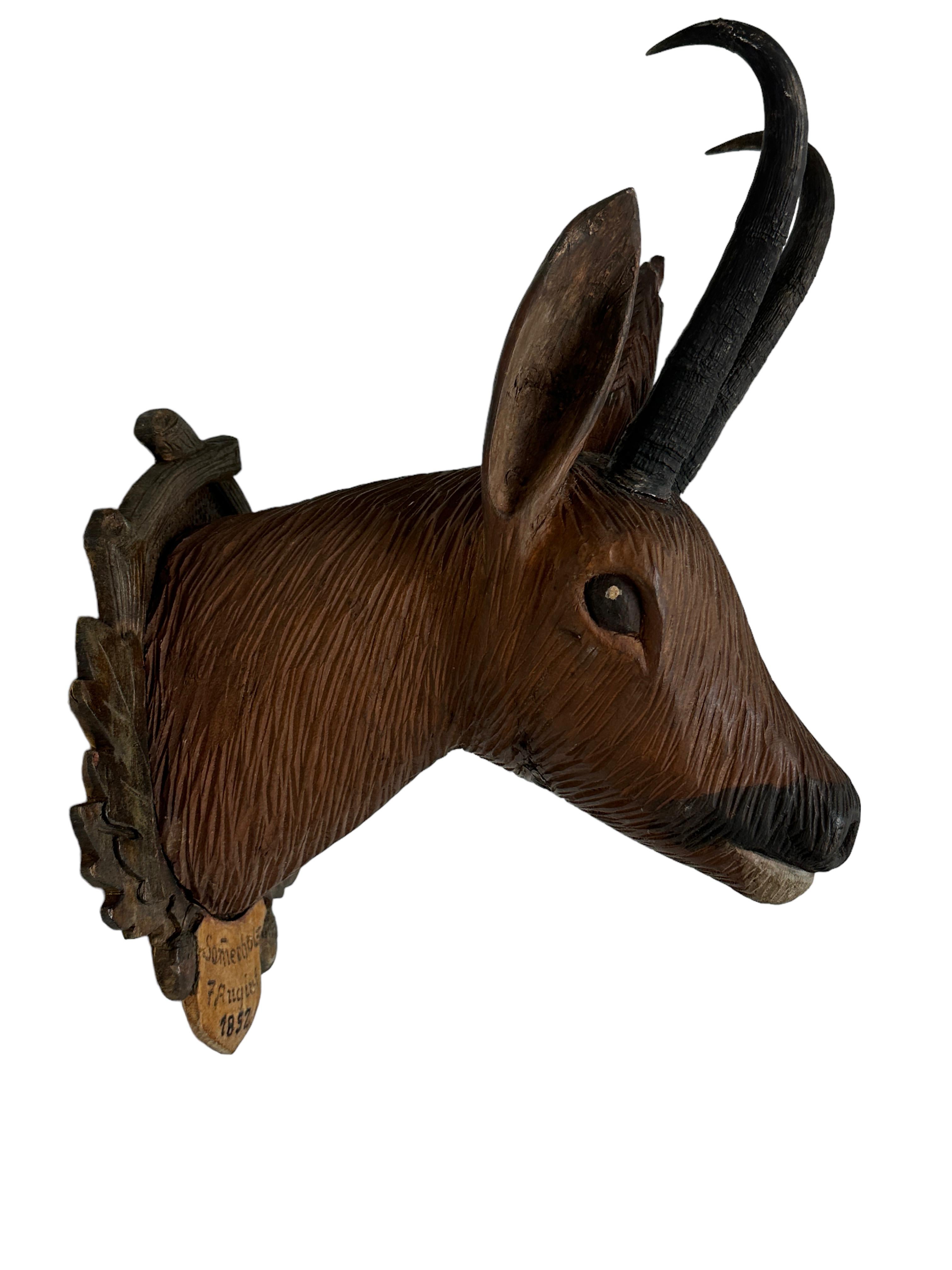 Hand-Carved Black Forest Folk Art Carved Wood Chamois Head with Real Horns, 19th Century For Sale