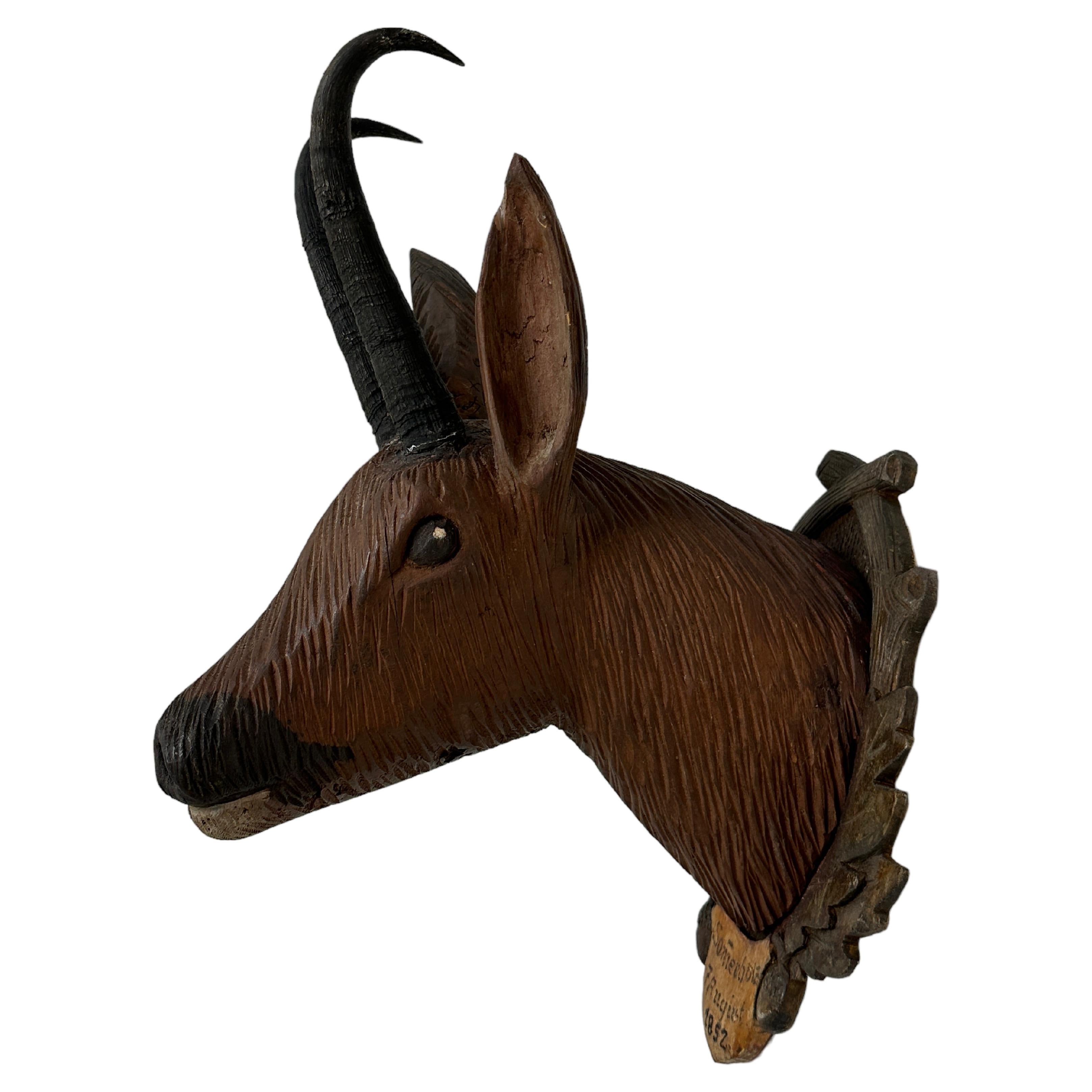 Black Forest Folk Art Carved Wood Chamois Head with Real Horns, 19th Century For Sale