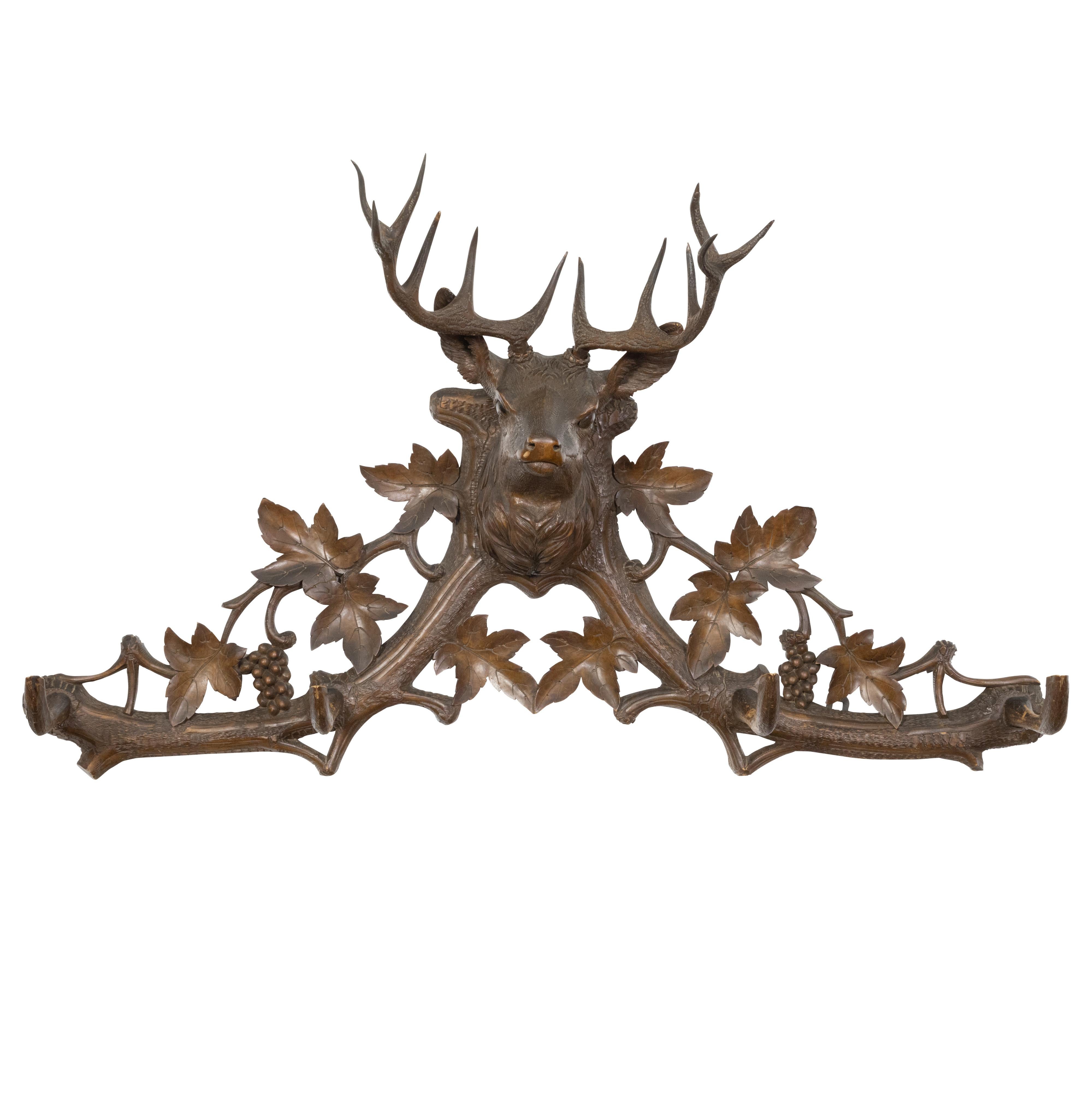 Swiss Black Forest Four-Hook Coat Hanger with Hand-Carved Stag Head and Grapevines