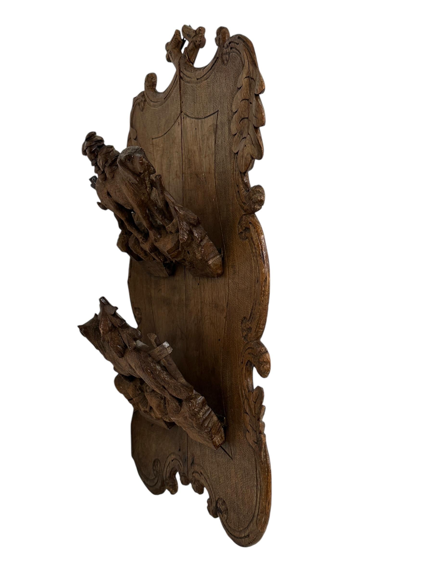 Hand-Carved Black Forest Fox & Dog Magazine Rack Wall Board Antique German Folk Art, 1880s