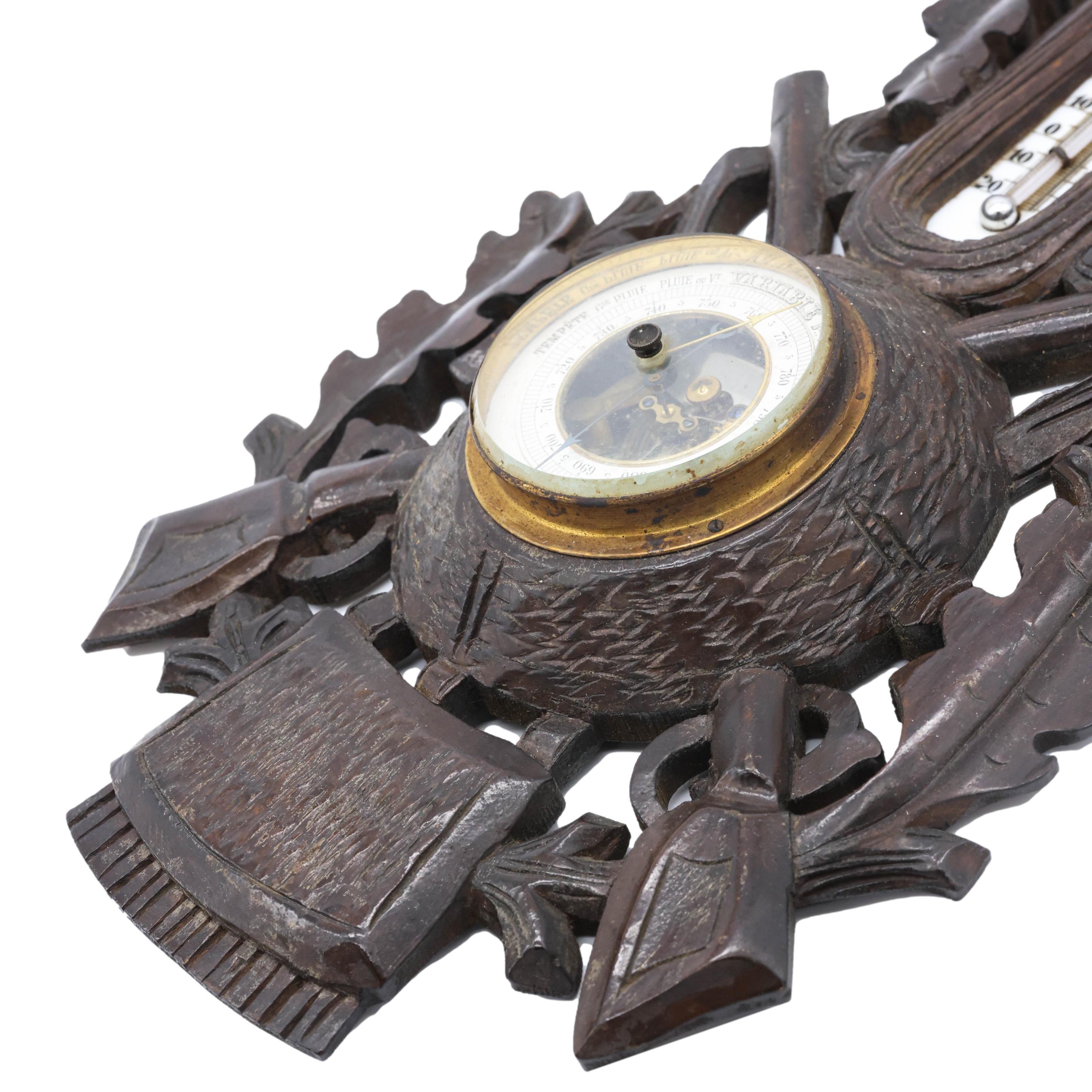19th Century Black Forest Hand-Carved Barometer with Deer Head, Guns, and Game Bag, ca. 1890
