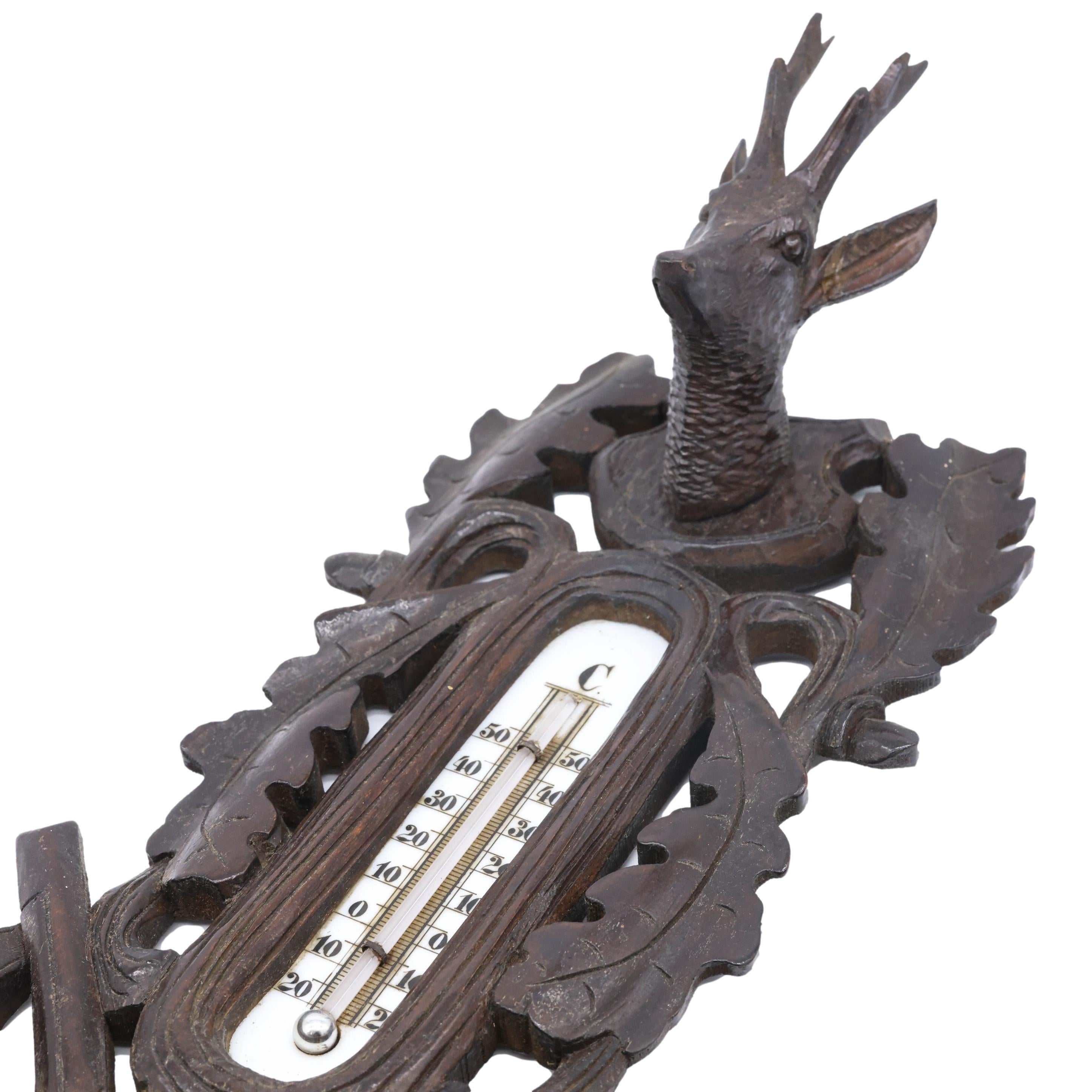 Walnut Black Forest Hand-Carved Barometer with Deer Head, Guns, and Game Bag, ca. 1890
