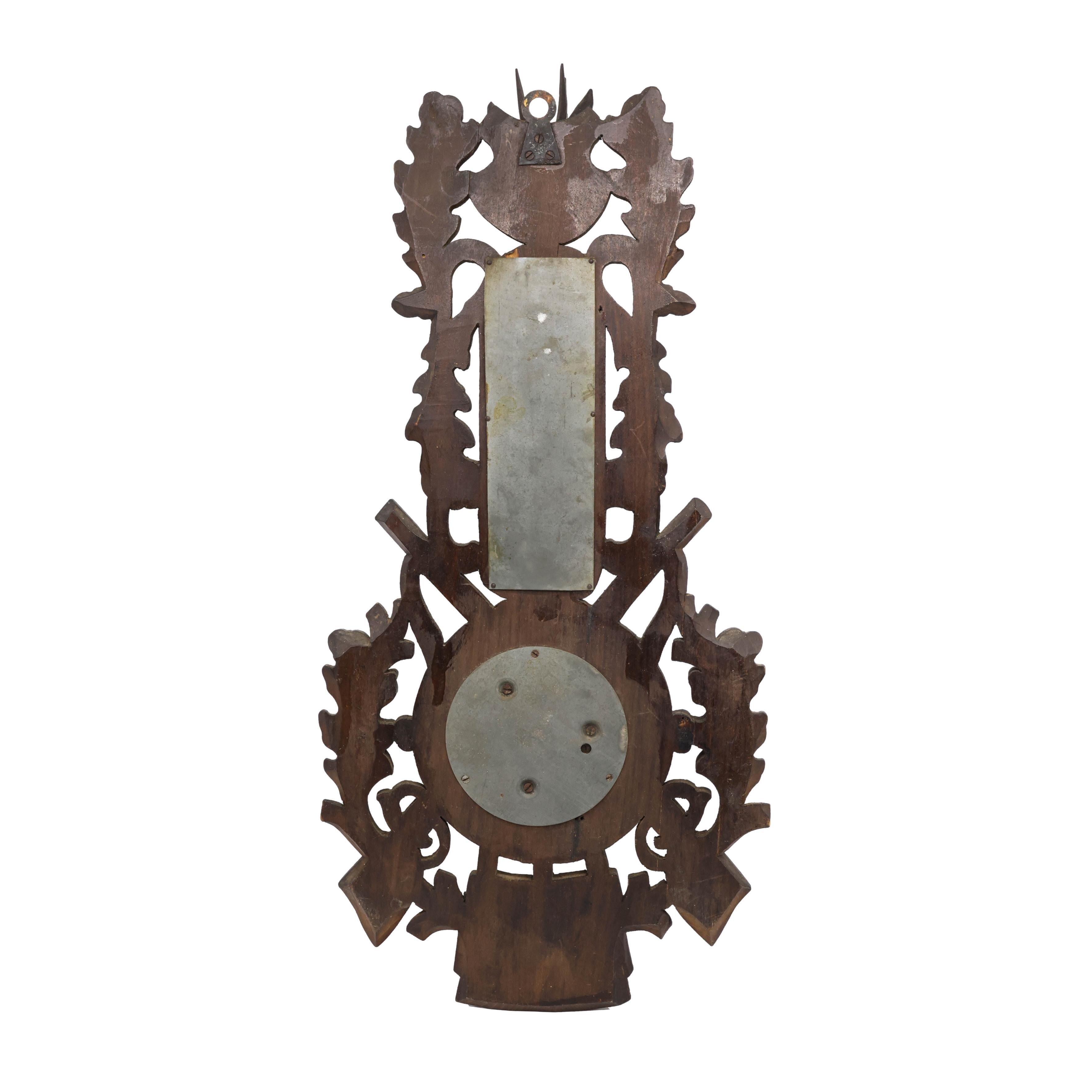 Black Forest Hand-Carved Barometer with Deer Head, Guns, and Game Bag, ca. 1890 1