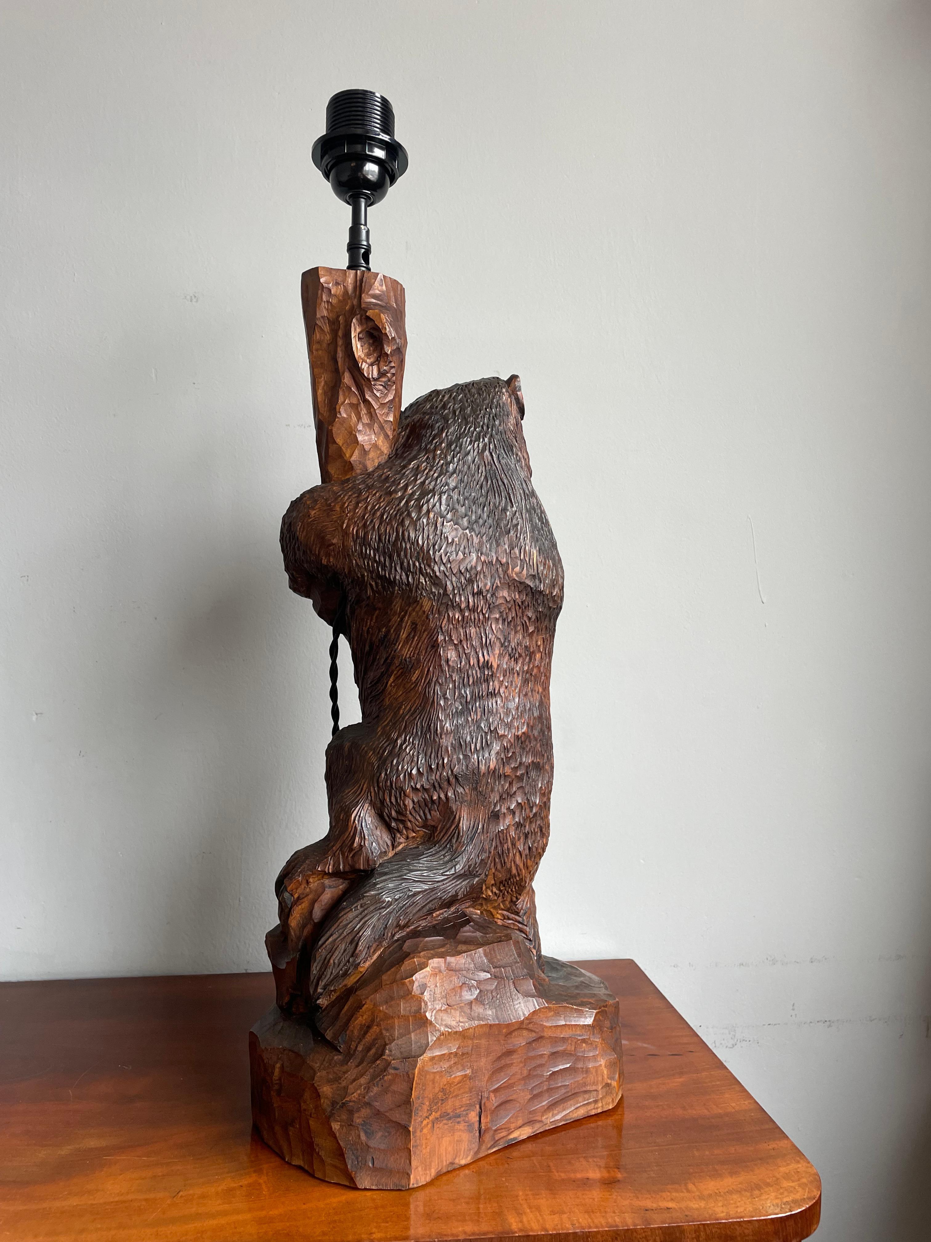 Hand-Carved Black Forest Hand Carved Large & Extremely Rare Beaver and Bear Pair Table Lamps For Sale