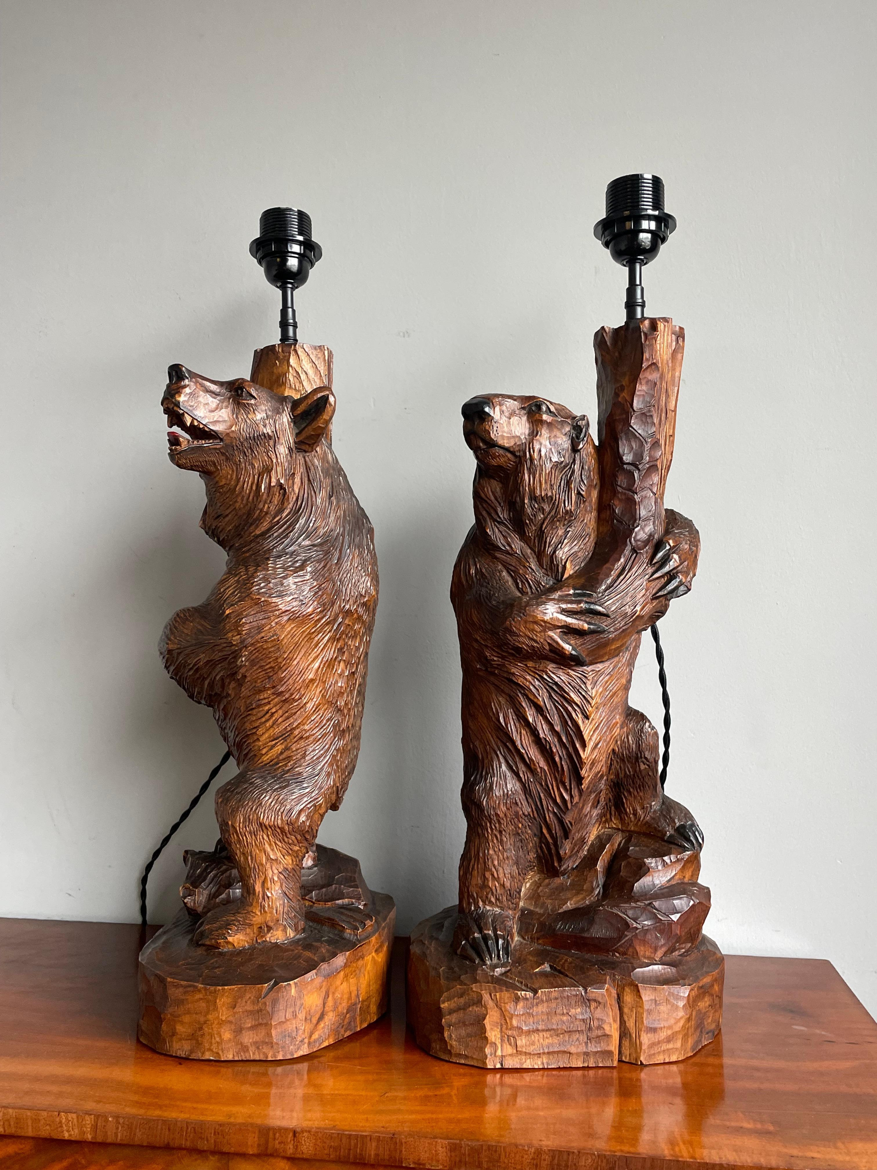 Metal Black Forest Hand Carved Large & Extremely Rare Beaver and Bear Pair Table Lamps For Sale