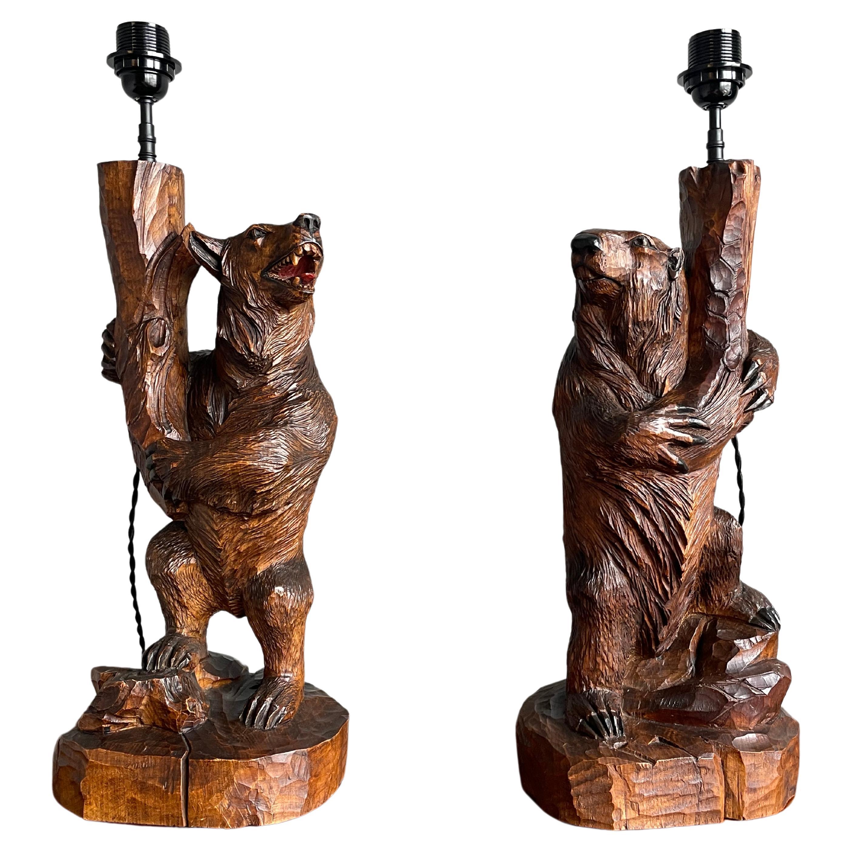 Black Forest Hand Carved Large & Extremely Rare Beaver and Bear Pair Table Lamps For Sale