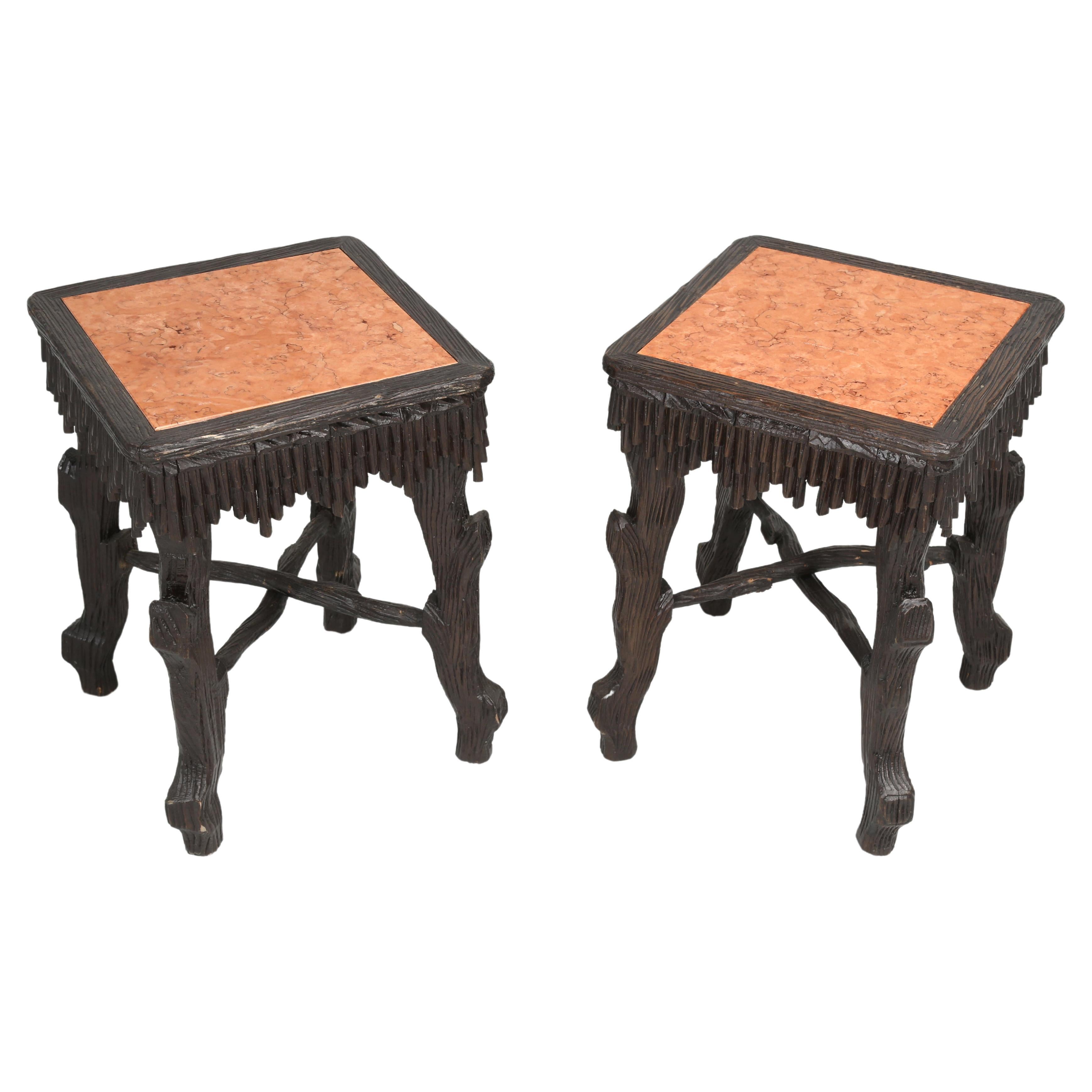 Black Forest Hand Carved Switzerland Pair of End Tables Marble Tops, circa 1800s For Sale
