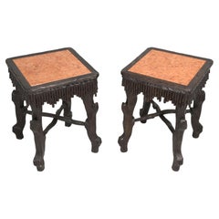 Antique Black Forest Hand Carved Switzerland Pair of End Tables Marble Tops, circa 1800s