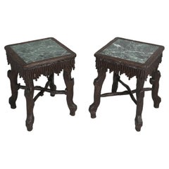 Antique Black Forest Hand Carved Switzerland Pair of End Tables Marble Tops, circa 1800s