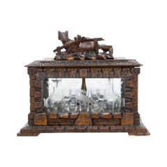 Black Forest Hand Carved Tantalus Set Original Glasses