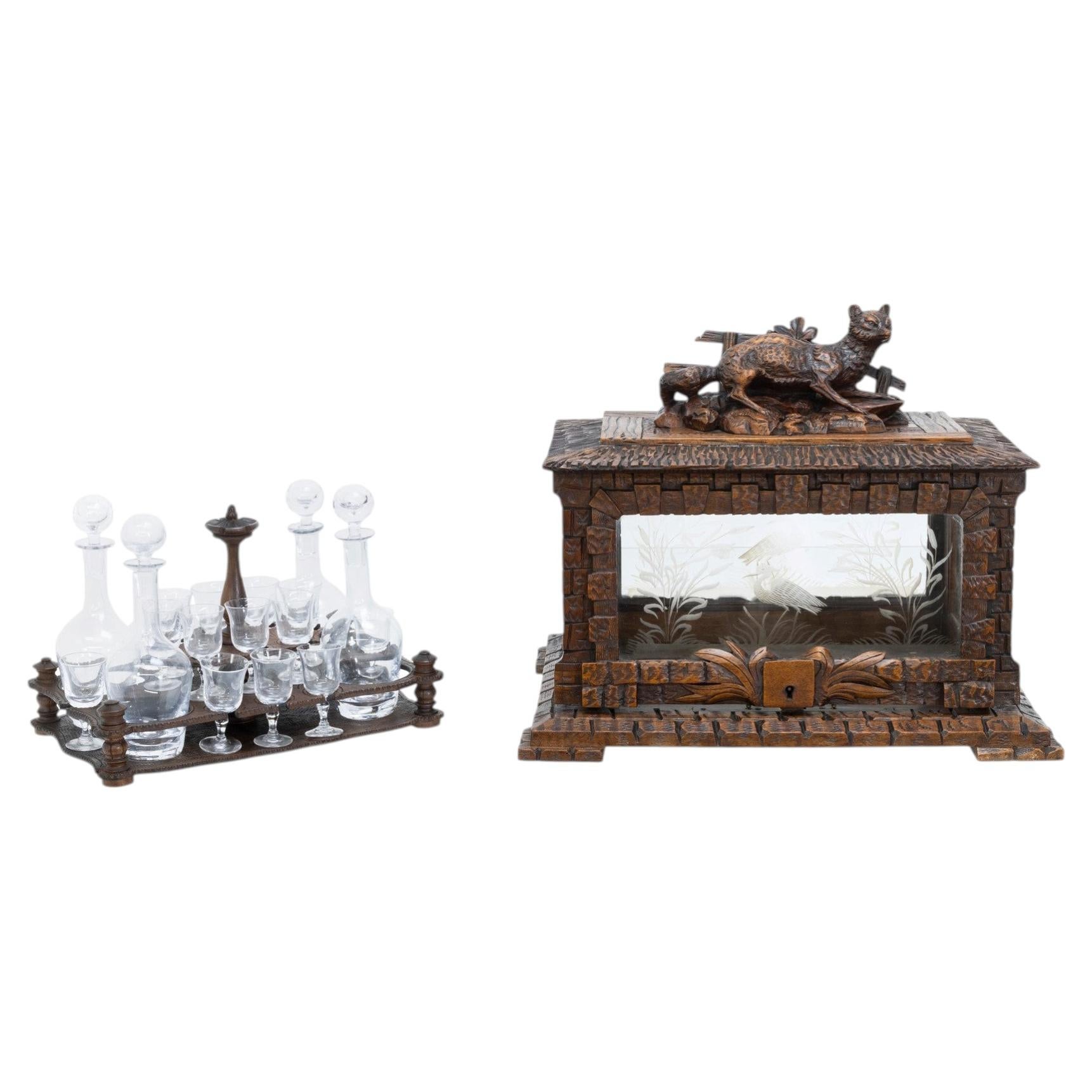Black Forest Handgeschnitztes Tantalus-Set Originalgläser