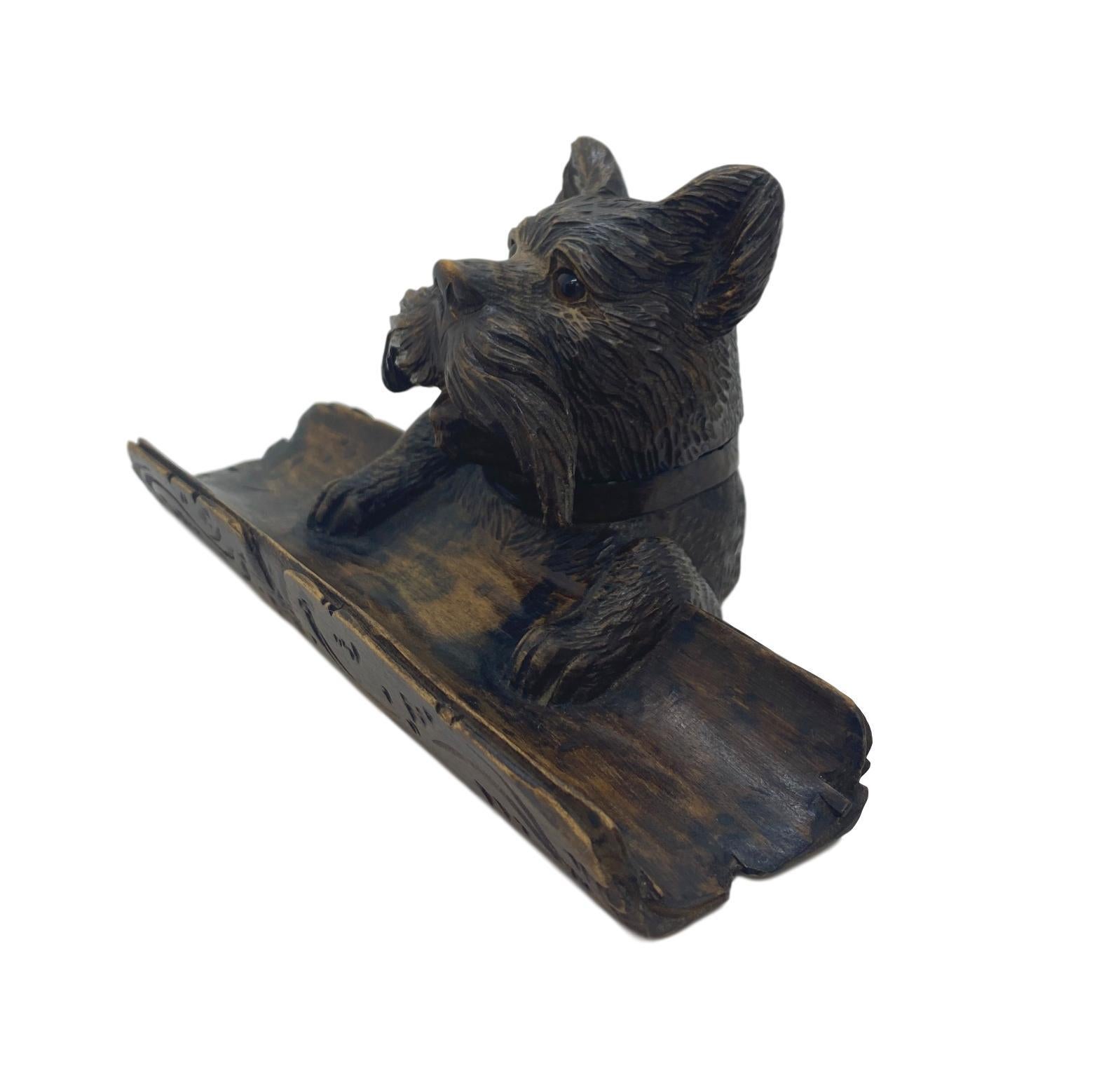Victorian Black Forest Hand Carved Terrier Inkwell Stand with Glass Eyes, Swiss circa 1880 For Sale