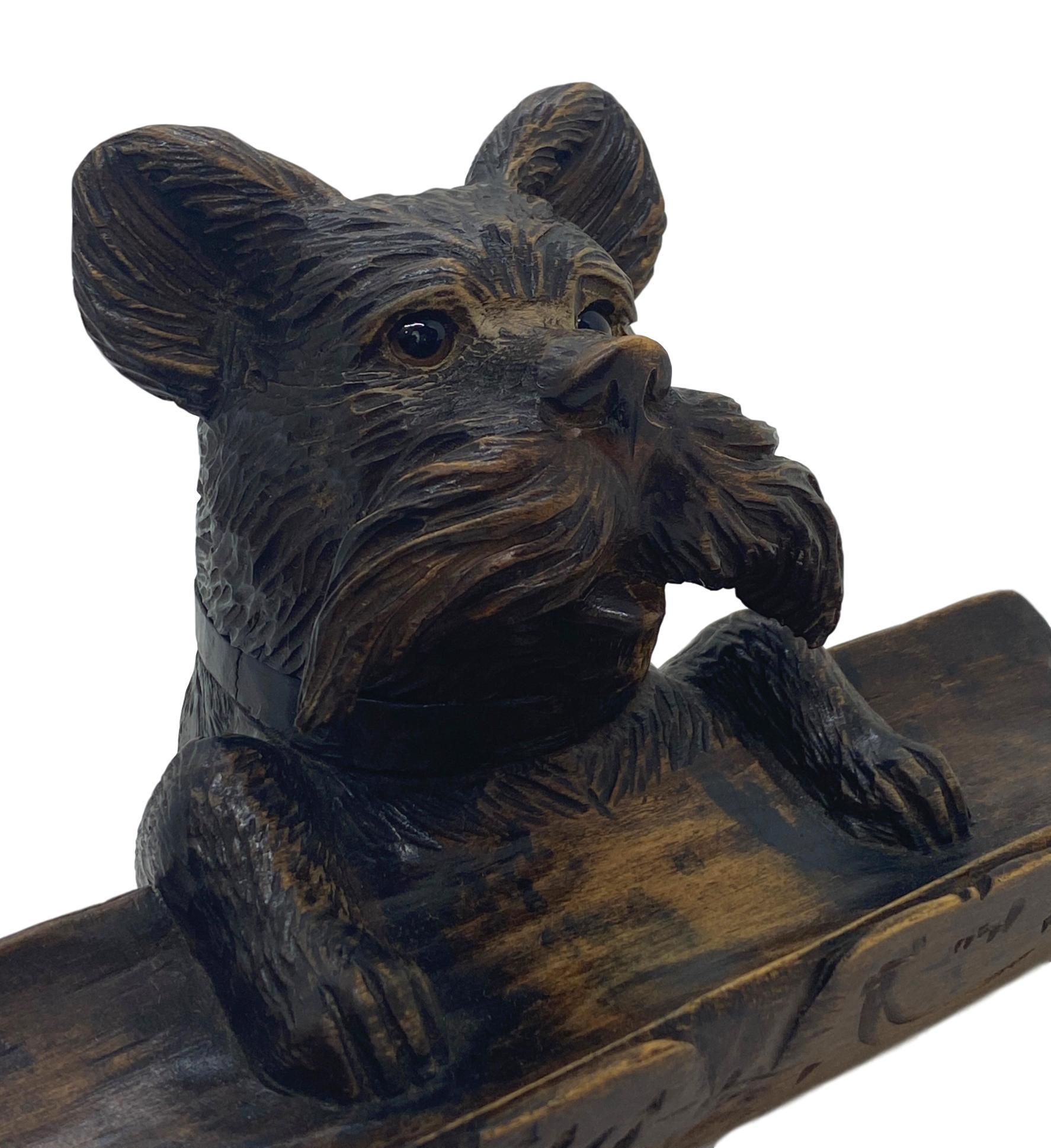 19th Century Black Forest Hand Carved Terrier Inkwell Stand with Glass Eyes, Swiss circa 1880 For Sale
