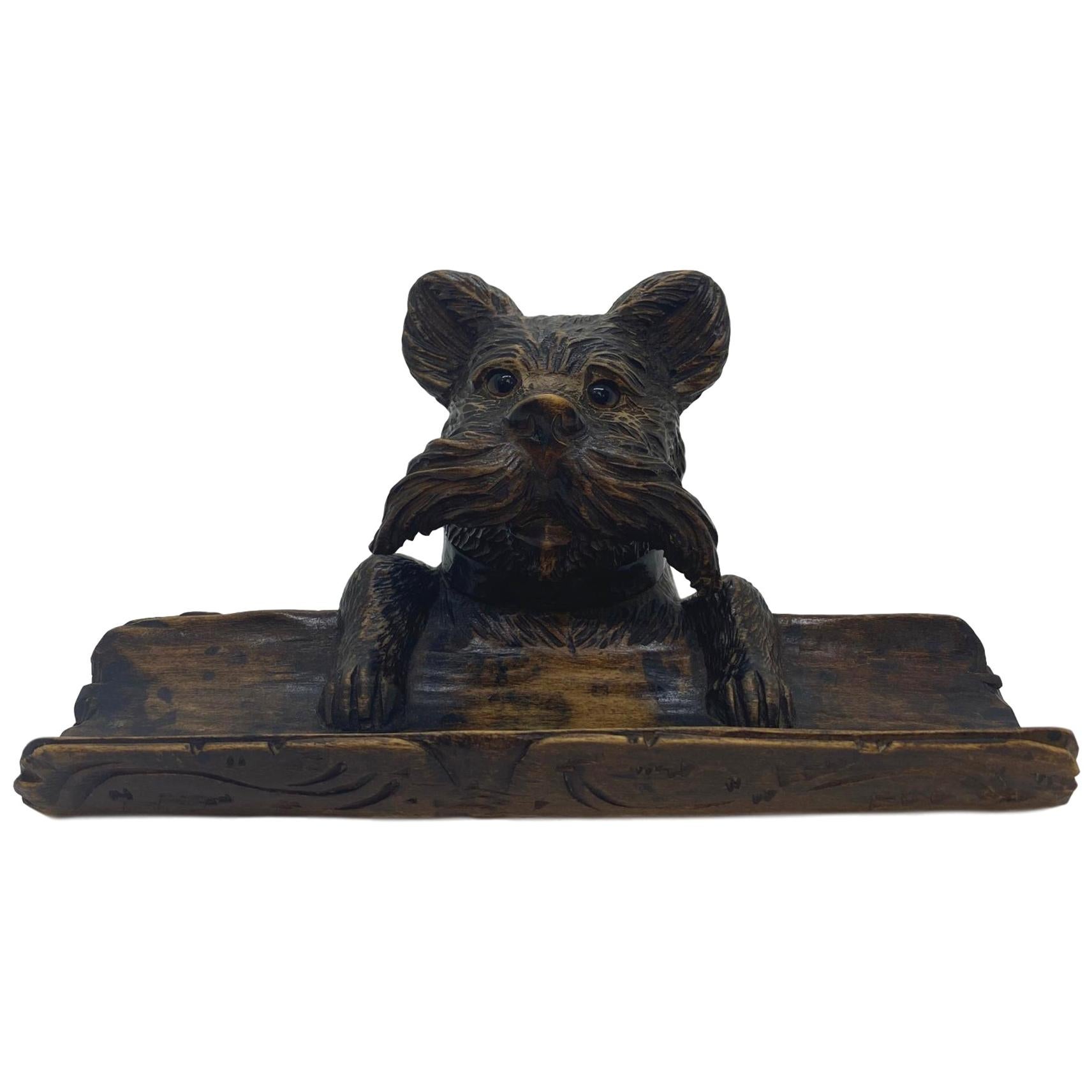 Black Forest Hand Carved Terrier Inkwell Stand with Glass Eyes, Swiss circa 1880