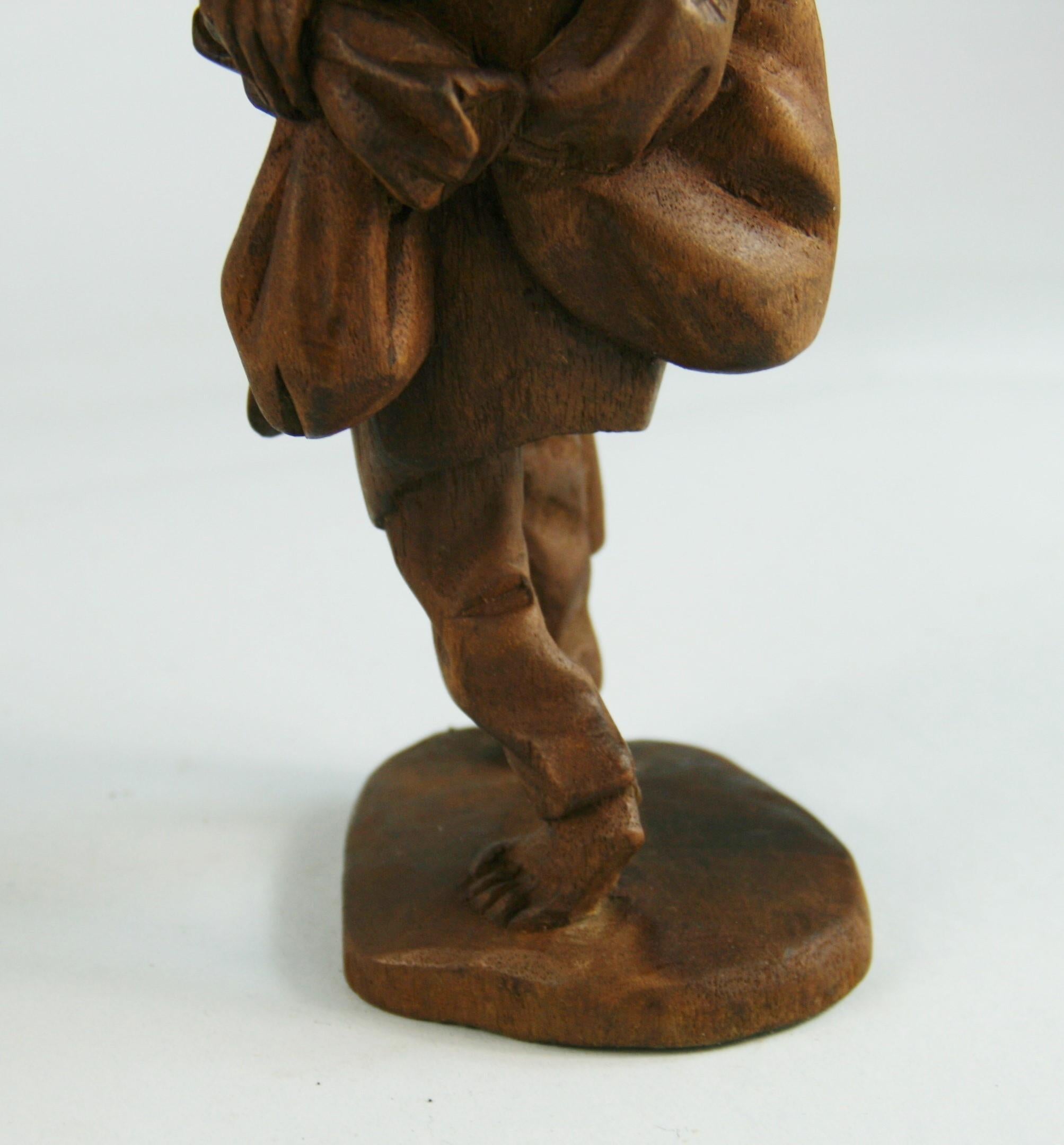 Black Forest Hand Carved Walnut Figural Traveler Sculpture For Sale 7