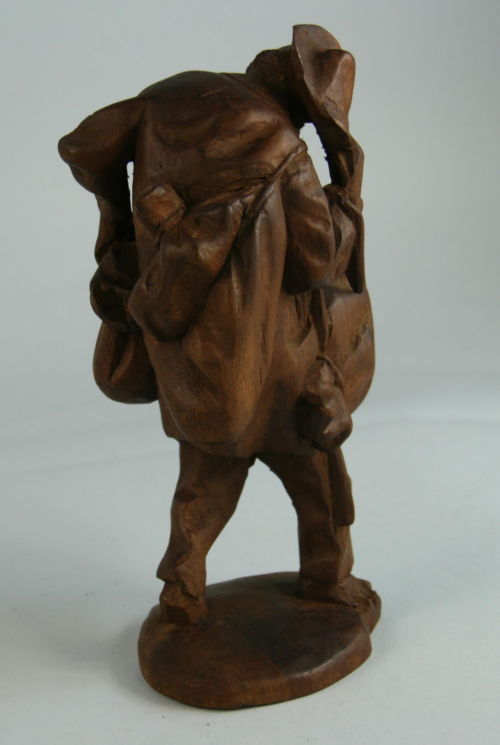 Black Forest Hand Carved Walnut Figural Traveler Sculpture For Sale 8