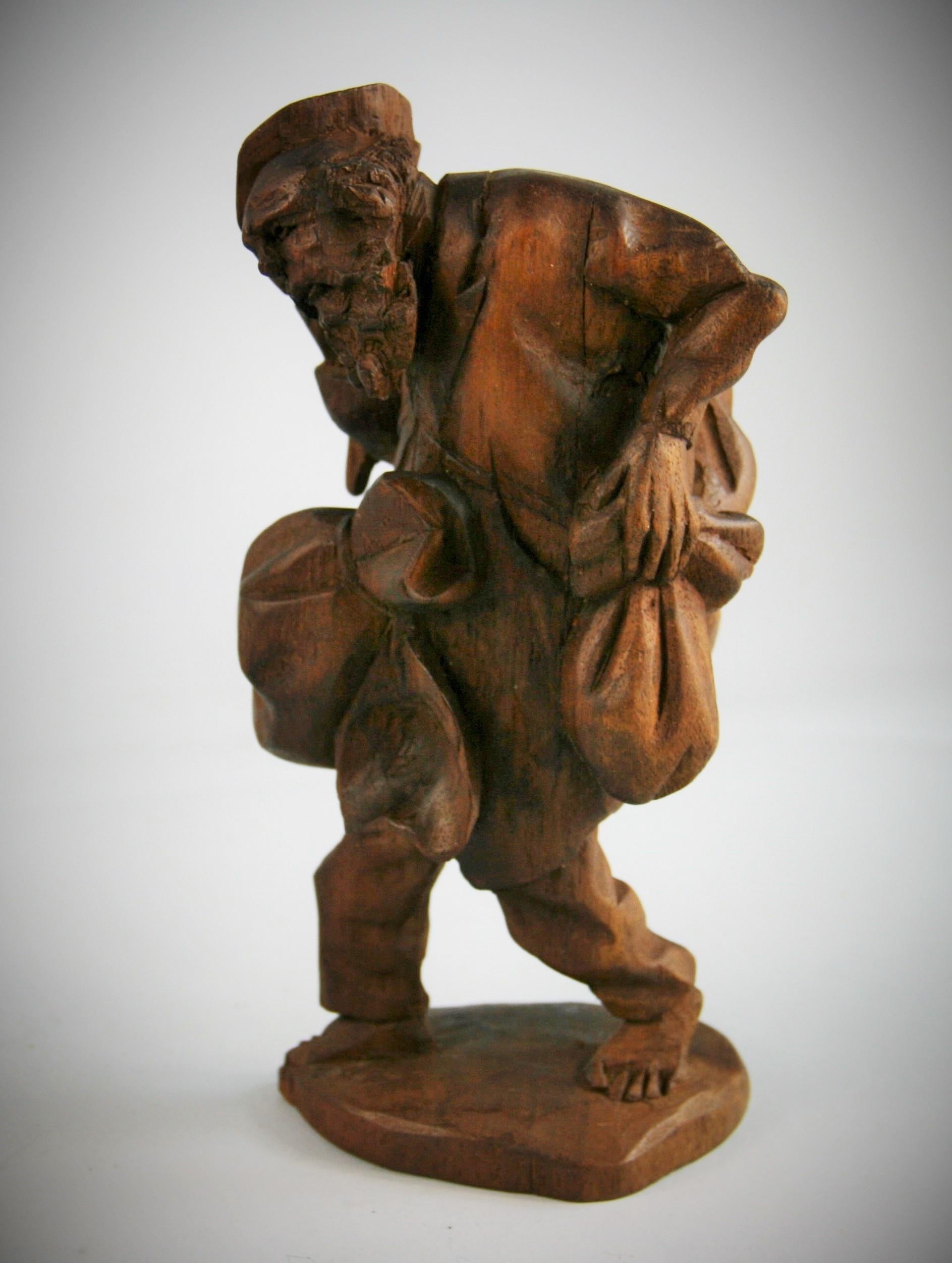 Black Forest Hand Carved Walnut Figural Traveler Sculpture For Sale 2