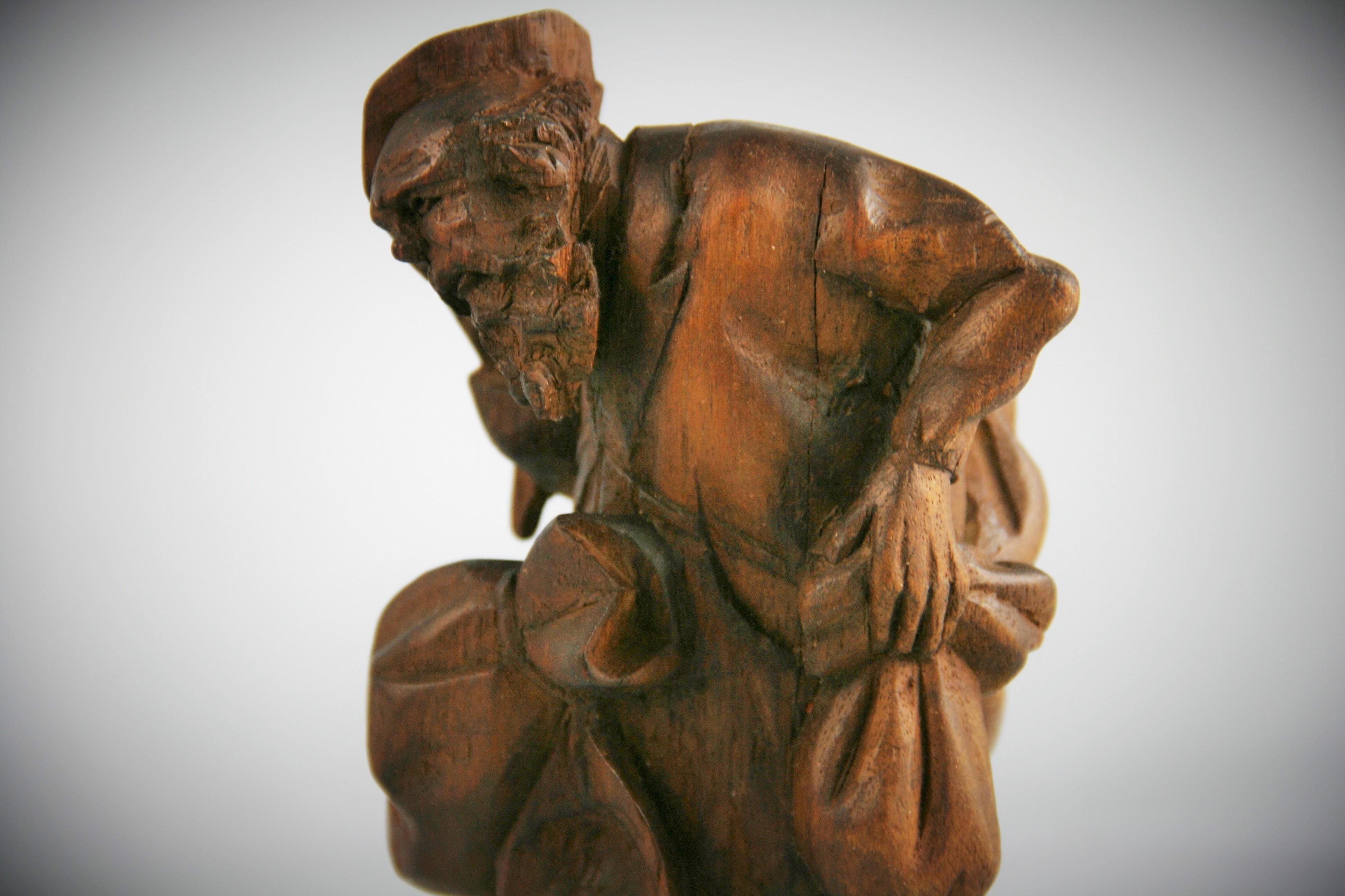 Black Forest Hand Carved Walnut Figural Traveler Sculpture For Sale 3