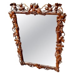 Black Forest Hand Carved Walnut Mirror Vines Leaves Berrys