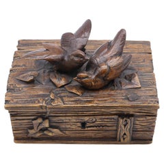 Black Forest Hand-Carved Walnut Rustic Box with Love Birds, Swiss, ca. 1890