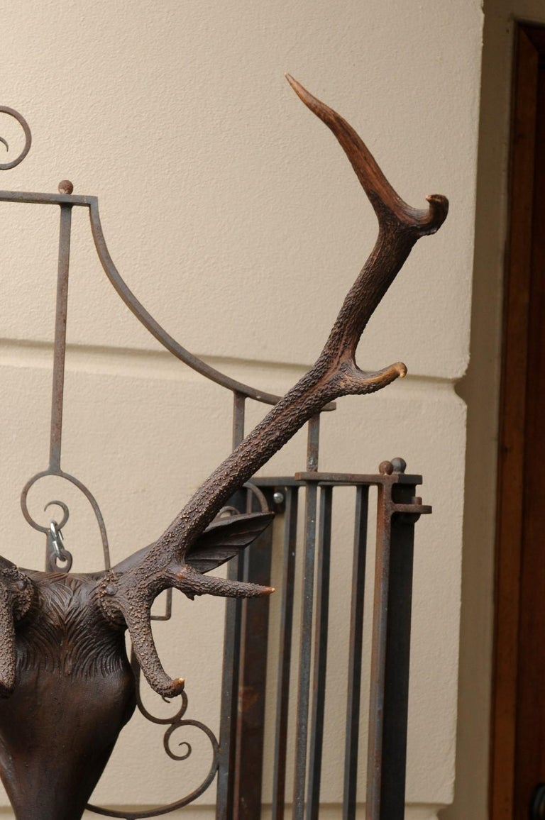 Black Forest Hand Carved Wood Stag Head, circa 1920 with Authentic Antlers For Sale 1