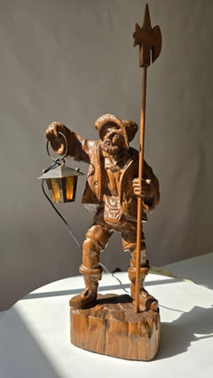 Black Forest Hand-Carved Wooden Night Watchman Lamp, circa 1950s