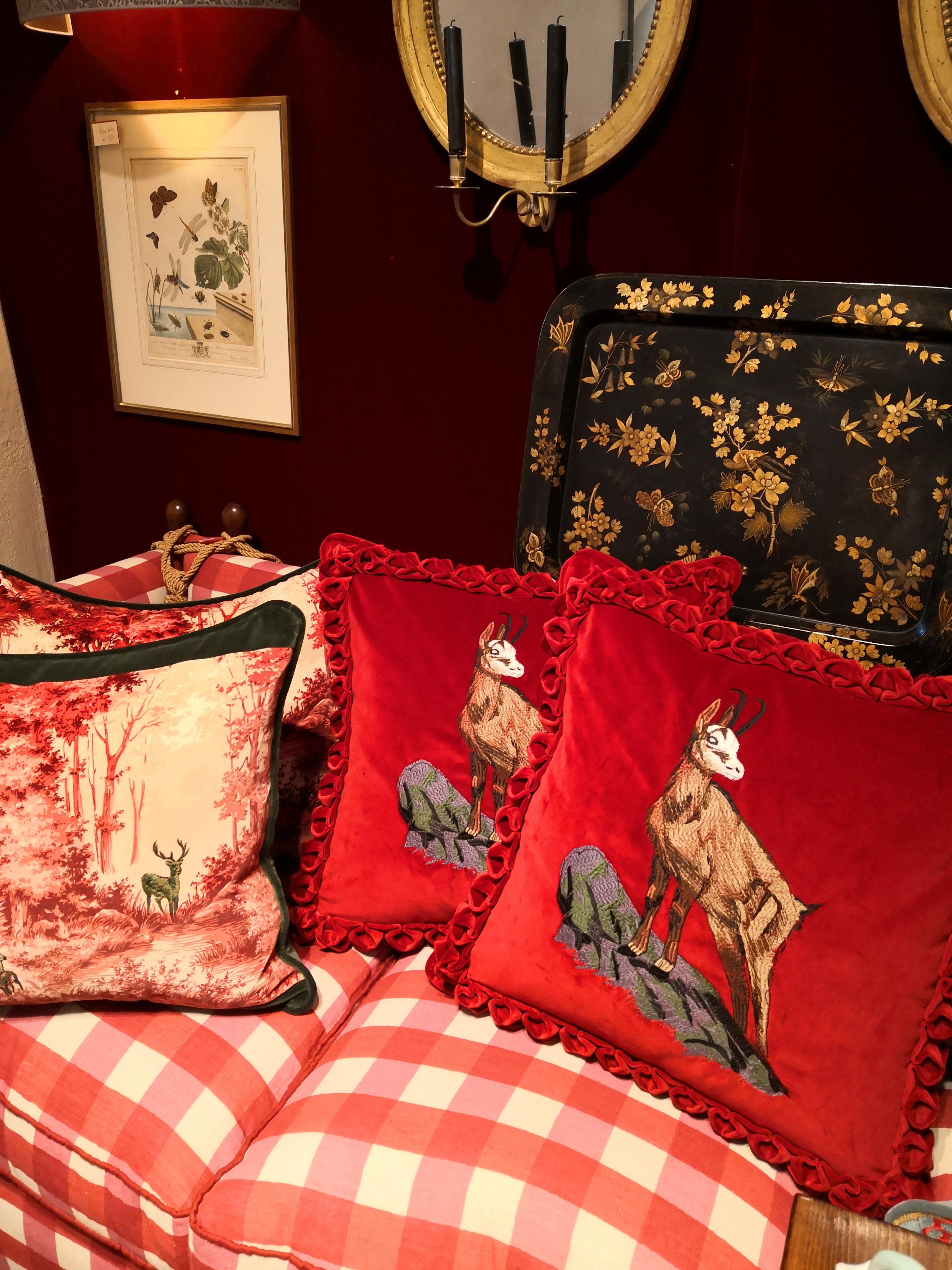 Velvet Black Forest Handmade Cushion Hunting Scene Sofina Boutique Kitzbuehel