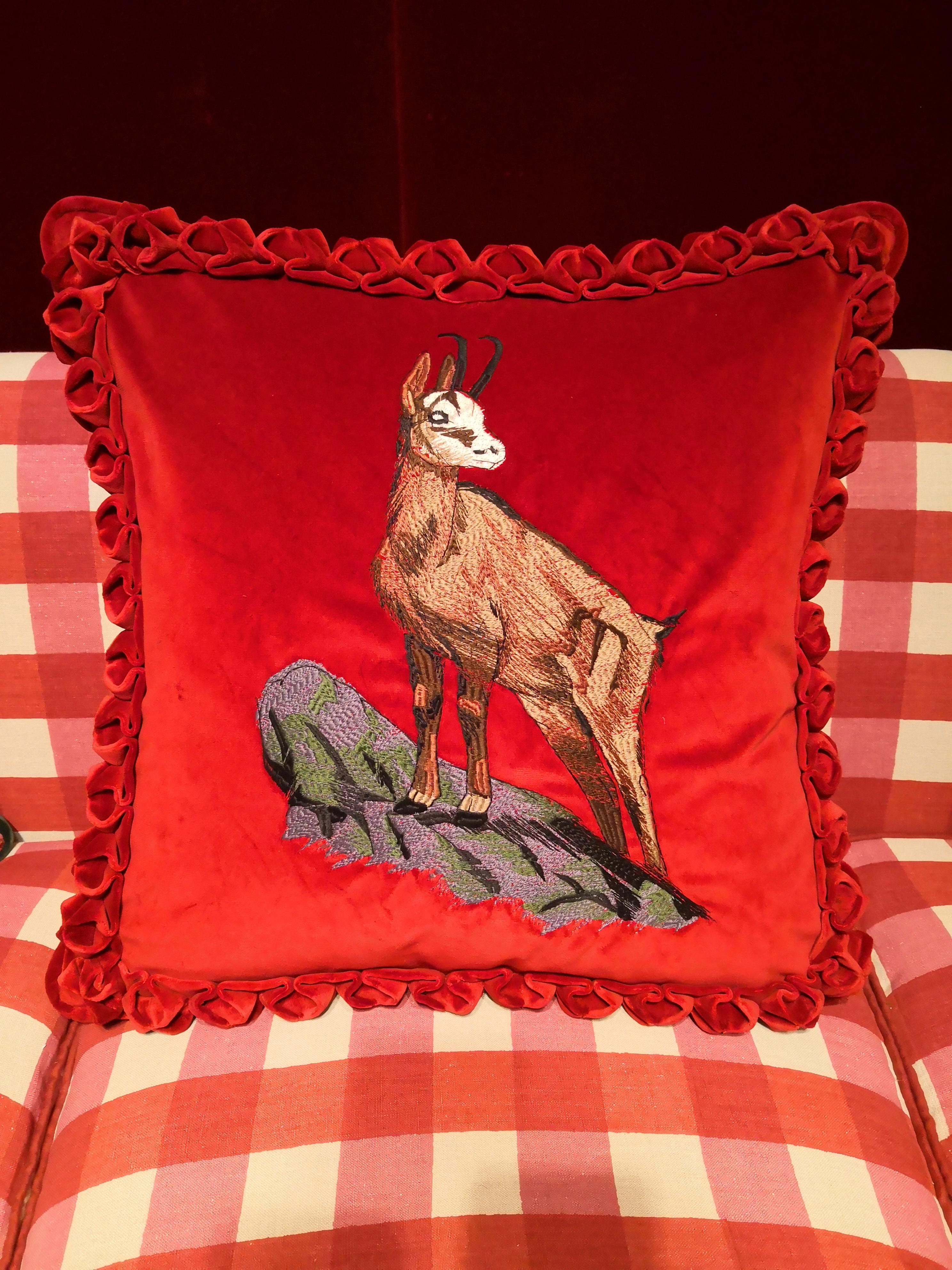 Black Forest Handmade Cushion Velvet Hunting Scene Sofina Boutique Kitzbuehel In New Condition In Kitzbuhel, AT