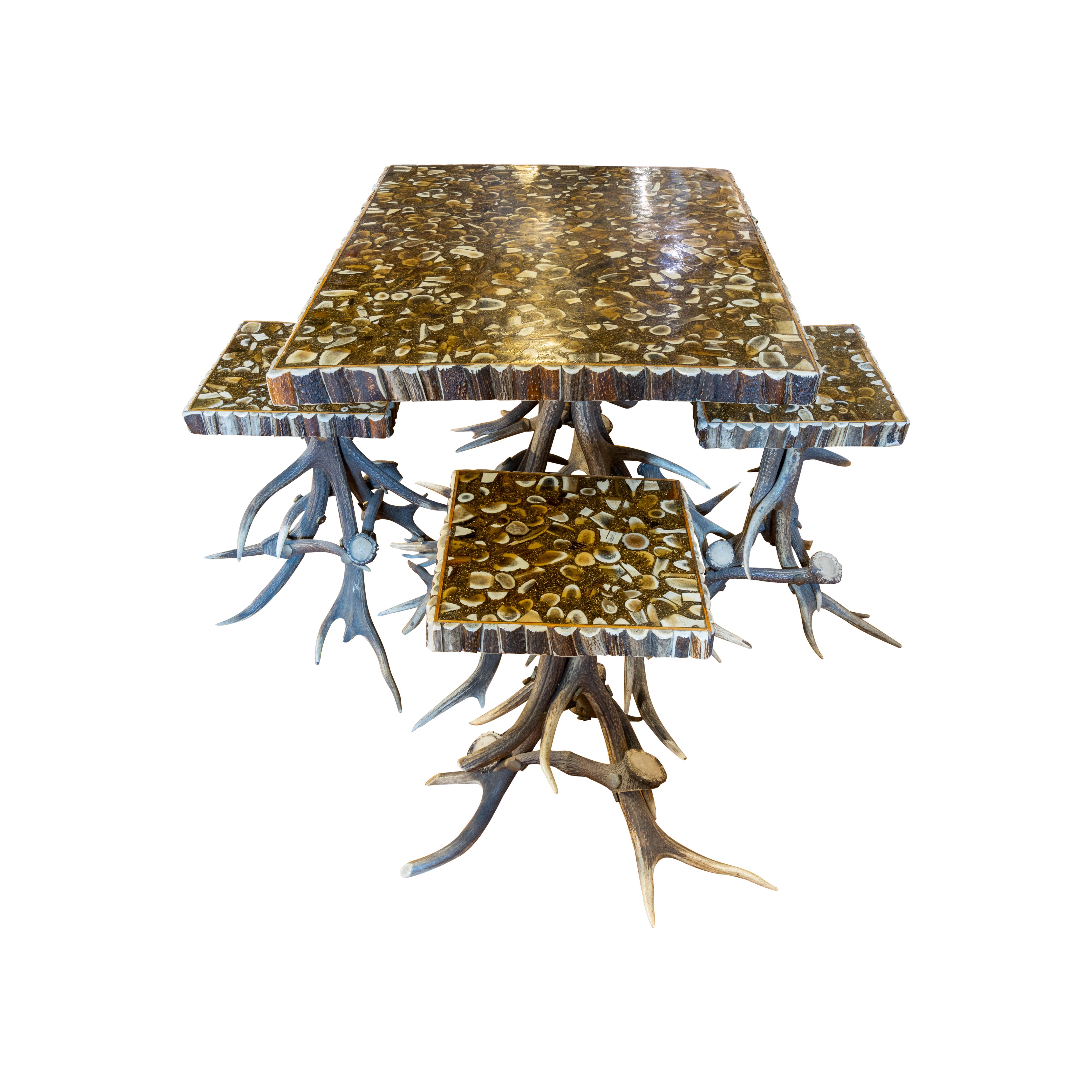 Hand-Crafted Black Forest Horn Table and Stools For Sale