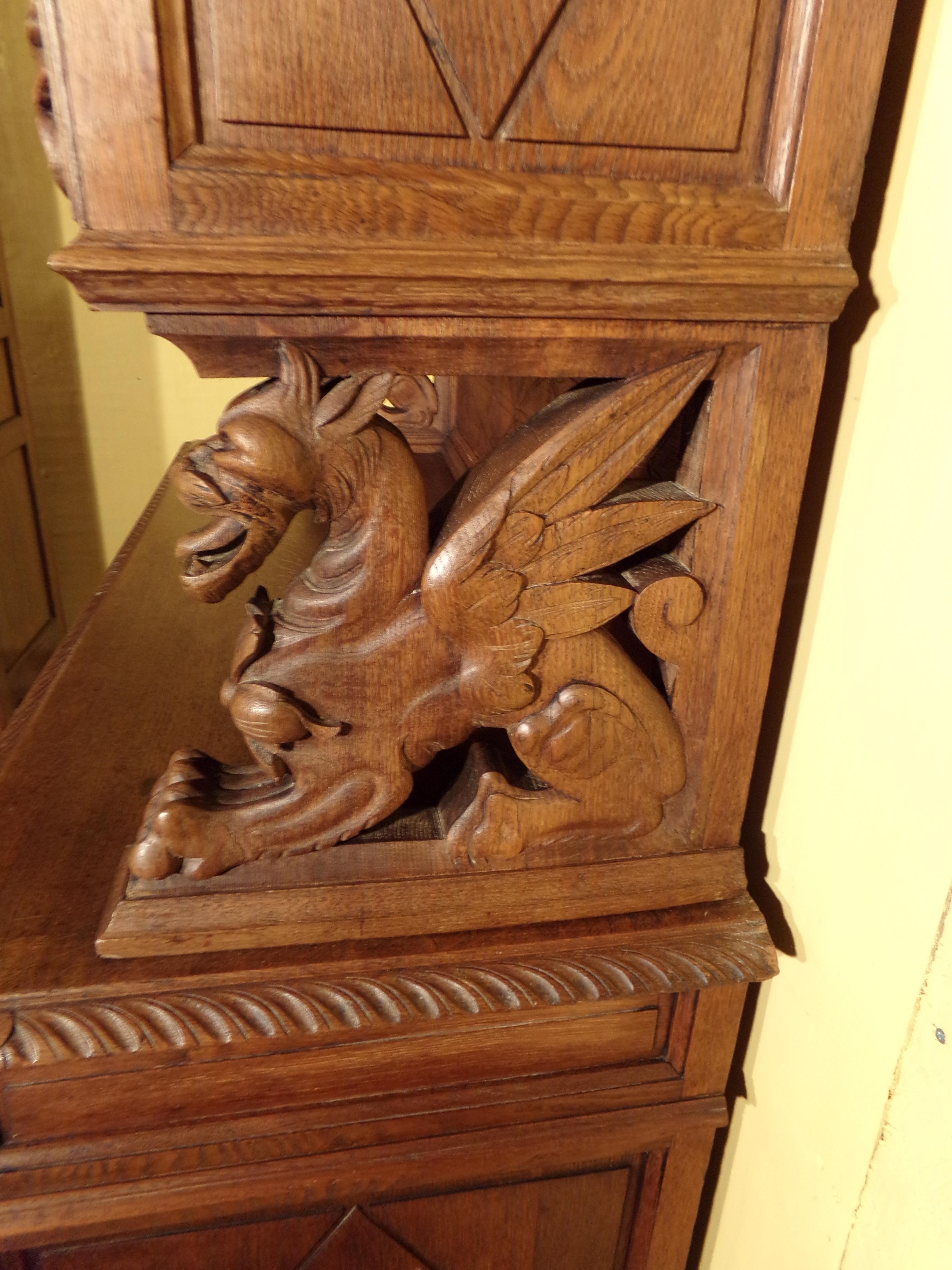 French Black Forest Hunt Carved Oak Bookcase or Gun Cupboard, circa 1870