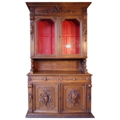 Black Forest Hunt Carved Oak Bookcase or Gun Cupboard, circa 1870