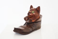 Black Forest inkwell cat in boot Swiss Antique 19th Century hand carved glass