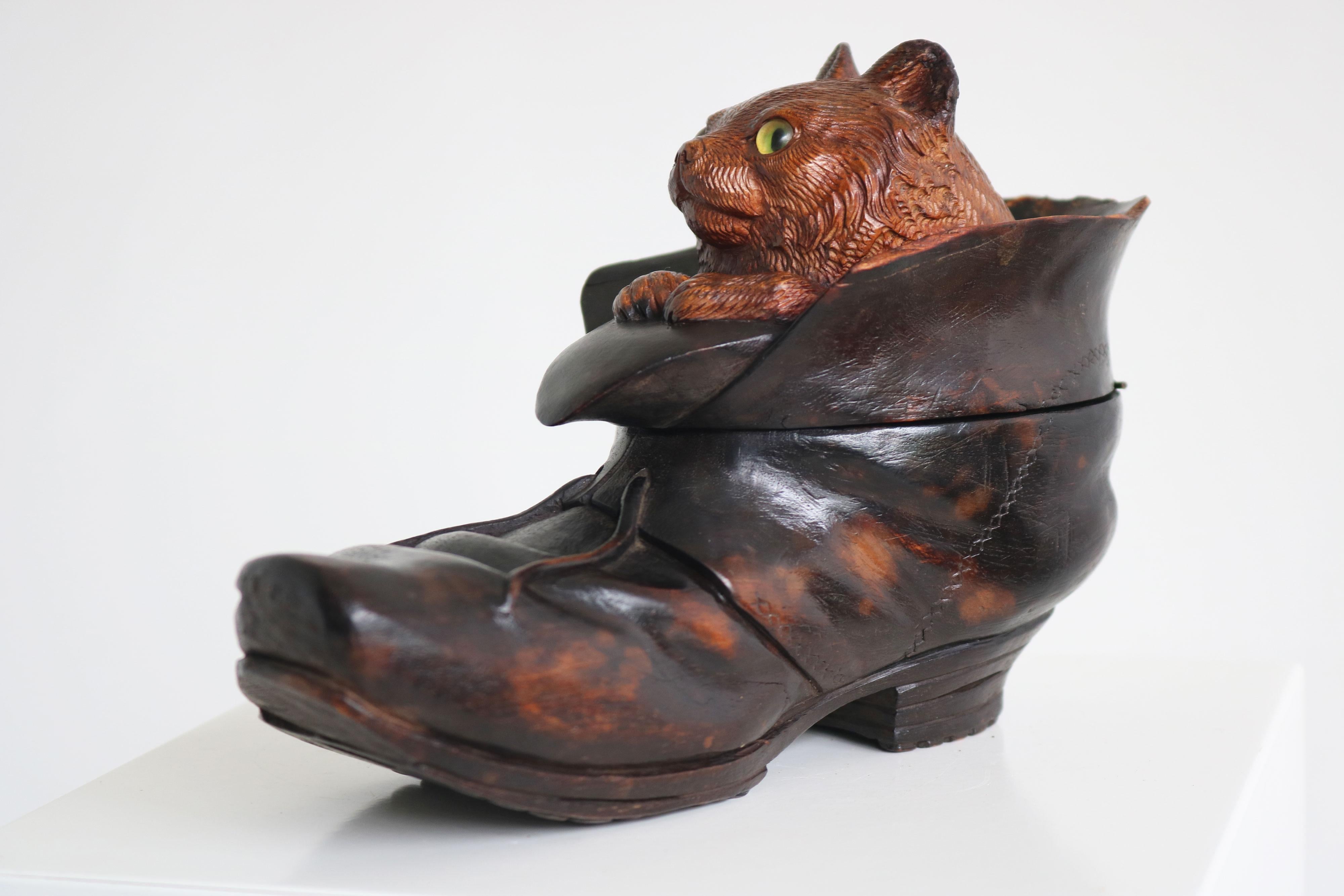 Hand-Carved Black Forest inkwell cat in boot Swiss Antique 19th Century hand carved glass For Sale