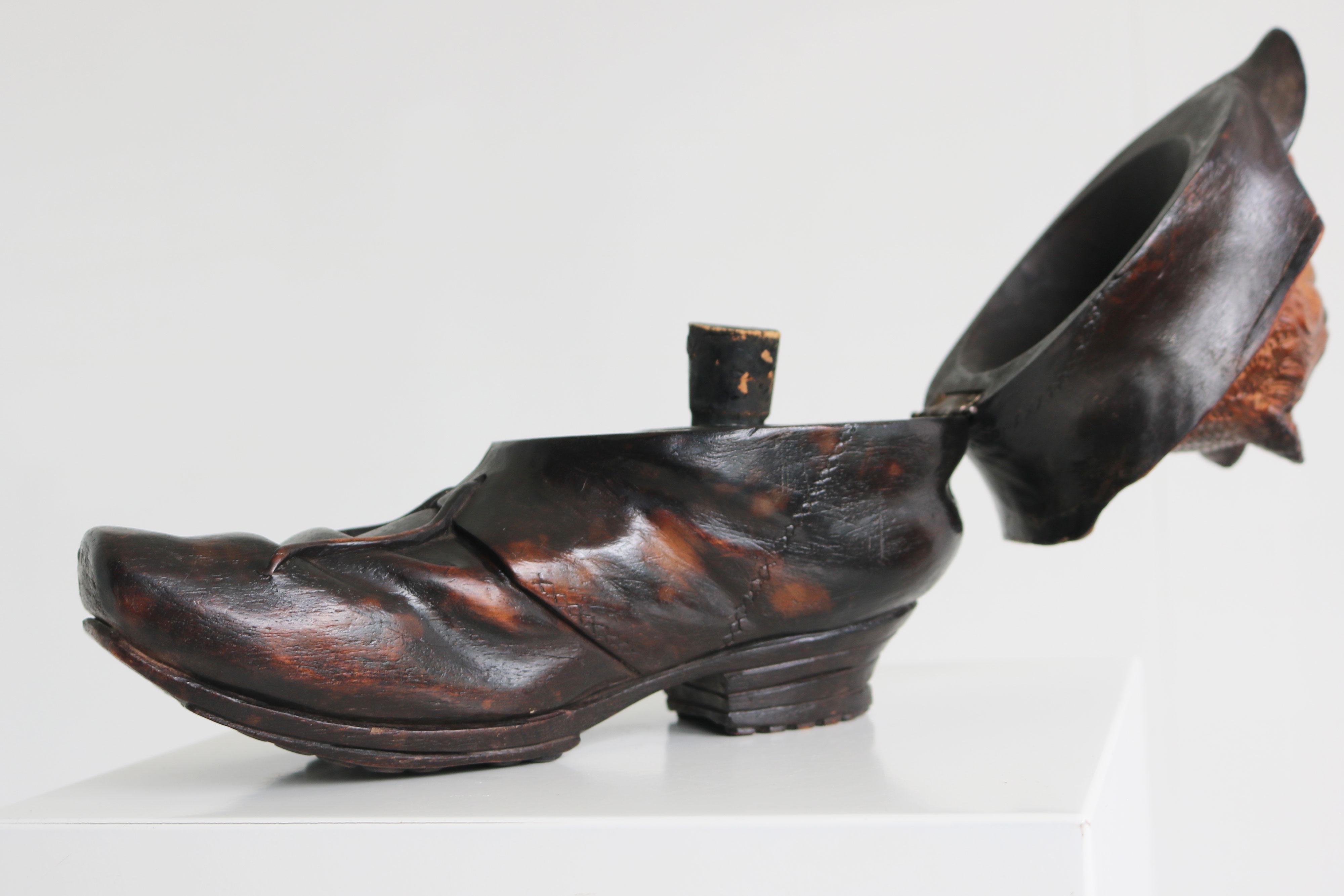 Black Forest inkwell cat in boot Swiss Antique 19th Century hand carved glass 3