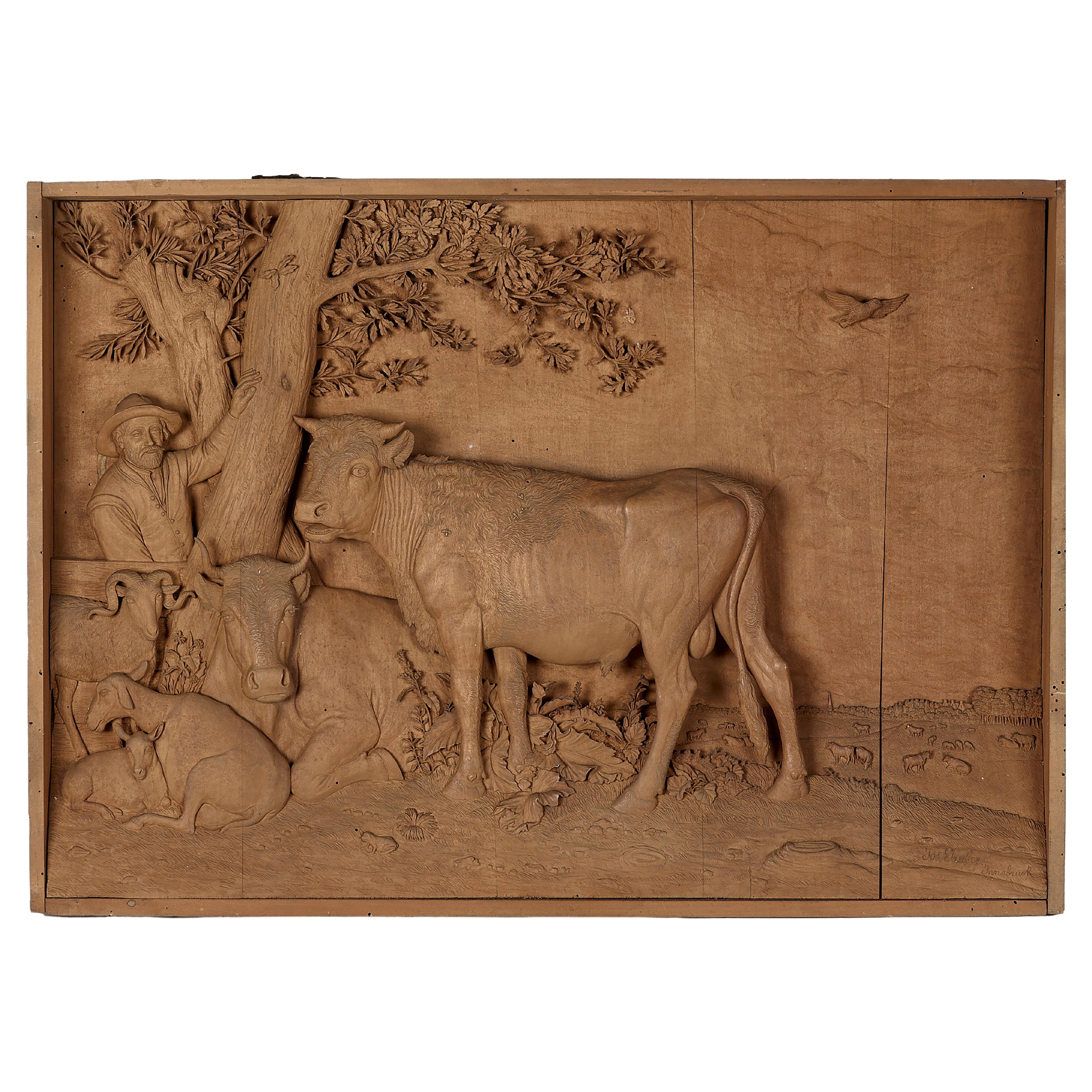 Black Forest Limewood Carved Panel, Cattle Scene For Sale